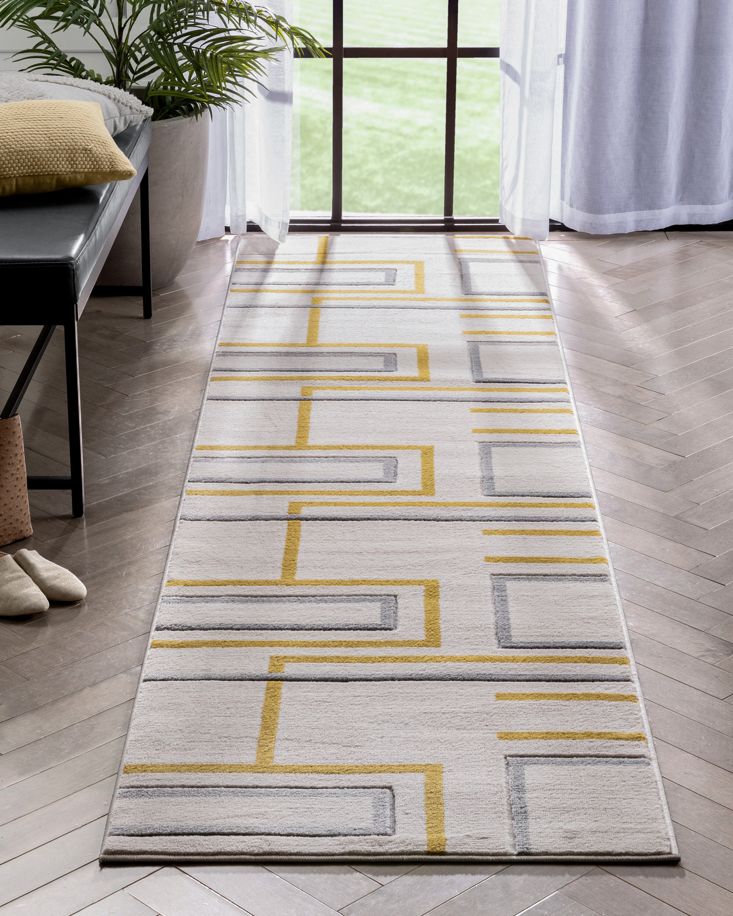 Well Woven GV-91-2L Good Vibes 2 x 9 (ft) Loomed Polypropylene Gold Rectangular Indoor Geometric Mid-Century Modern Runner rug