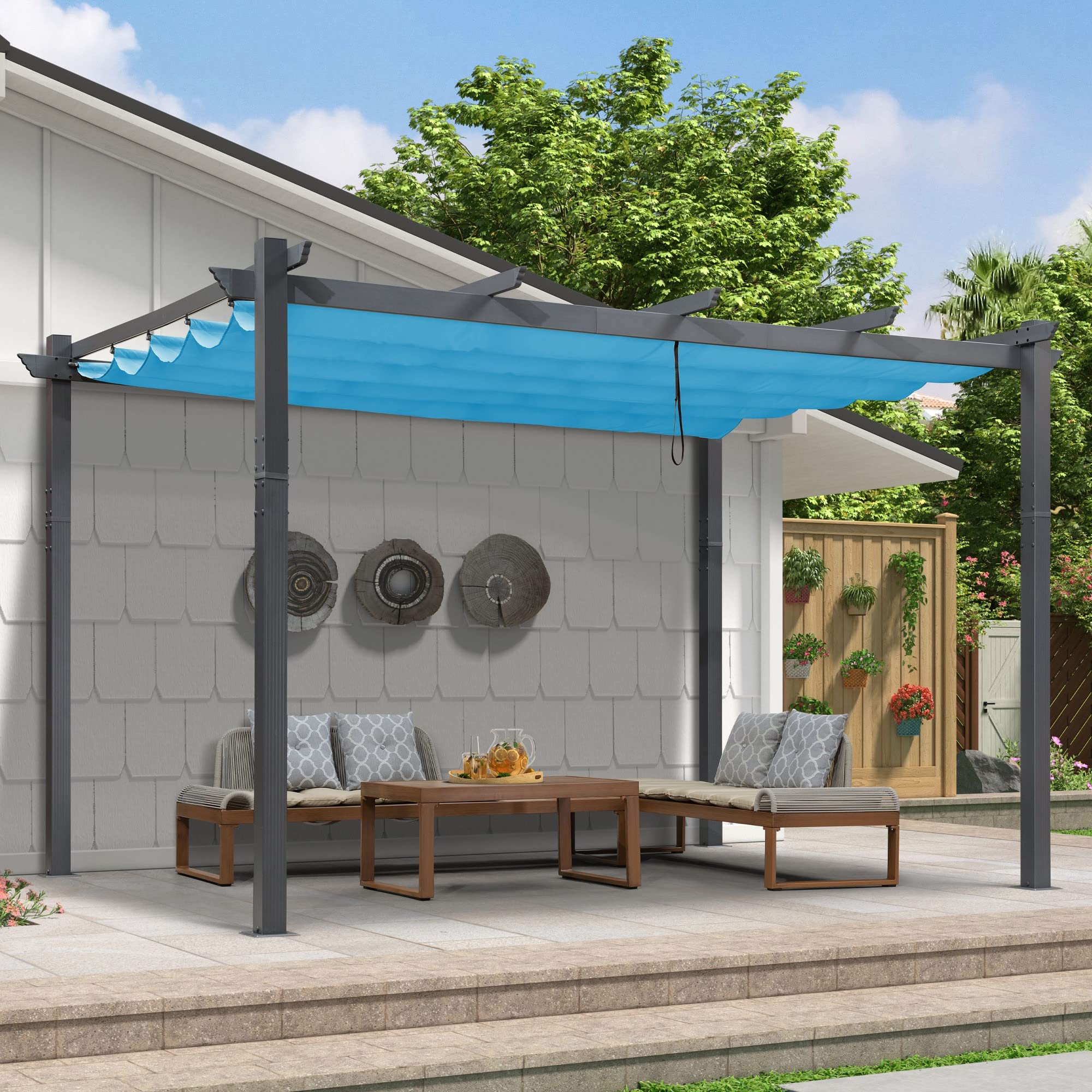 PURPLE LEAF LSMPG9513-BL Home and Garden 9-ft 8-in W x 13-ft L x 8-ft H Turquoise Blue Metal Freestanding Pergola with Canopy