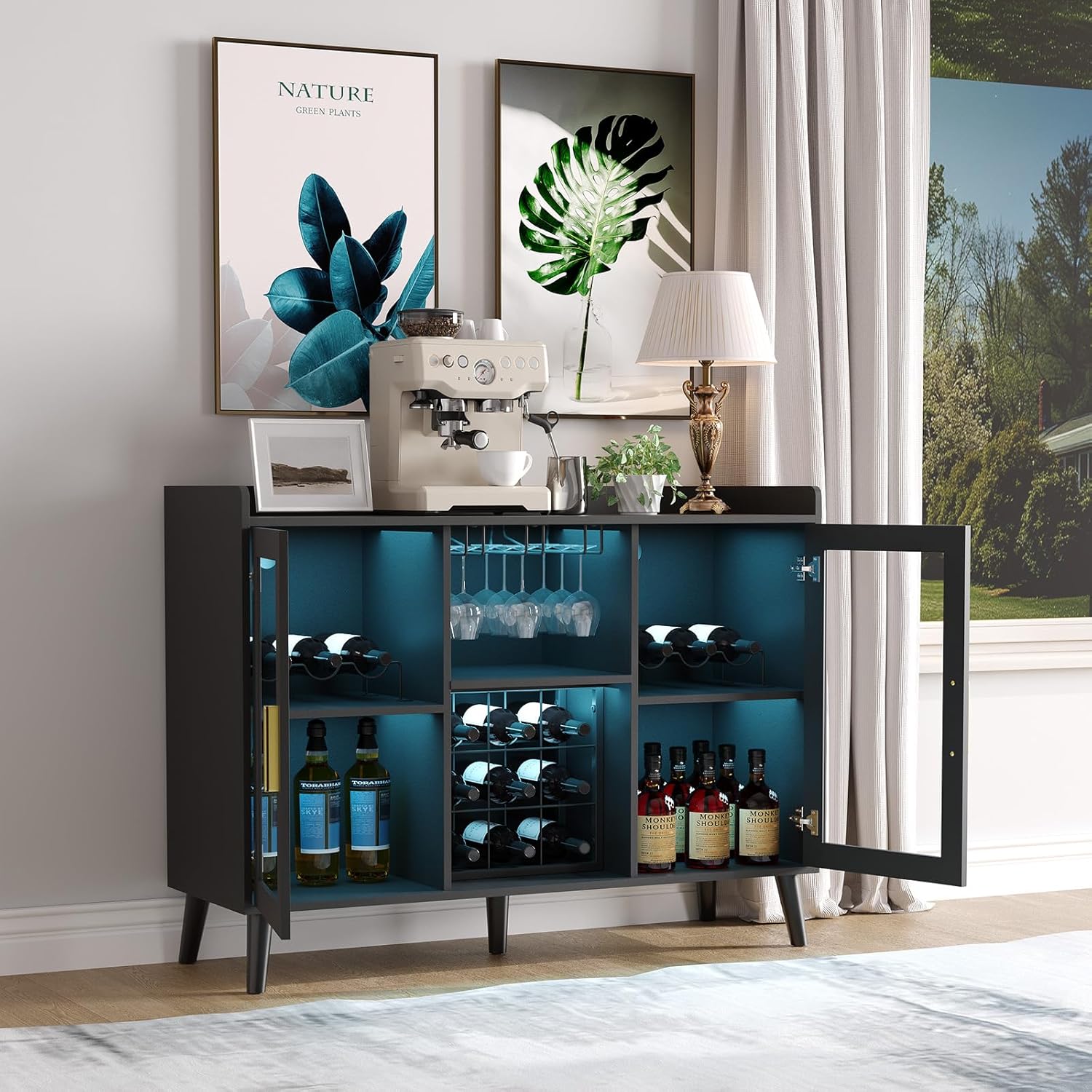Qeetex LHF-JG-B1J15 Modern Wine Bar Cabinet with LED Light Wood Kitchen Coffee Bar Home Liquor Cabinets with Glass Holder Doors and Wine Racks Buffet Sideboard with Storage for Living Room