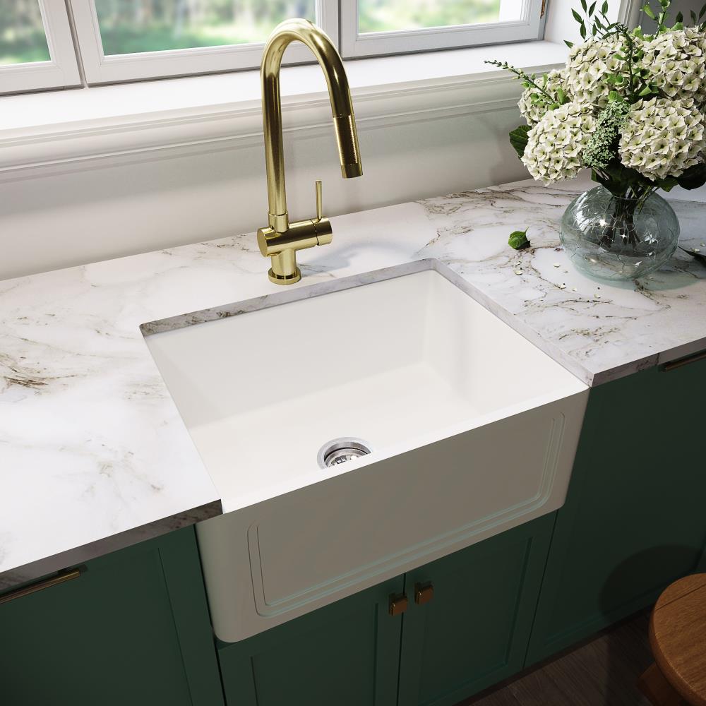 VIGO VGRA2418SF Matte stone farmhouse Undermount Apron Front/Farmhouse 24-in x 18-in Matte White Single Bowl Matte Stone Kitchen Sink All-in-one Kit