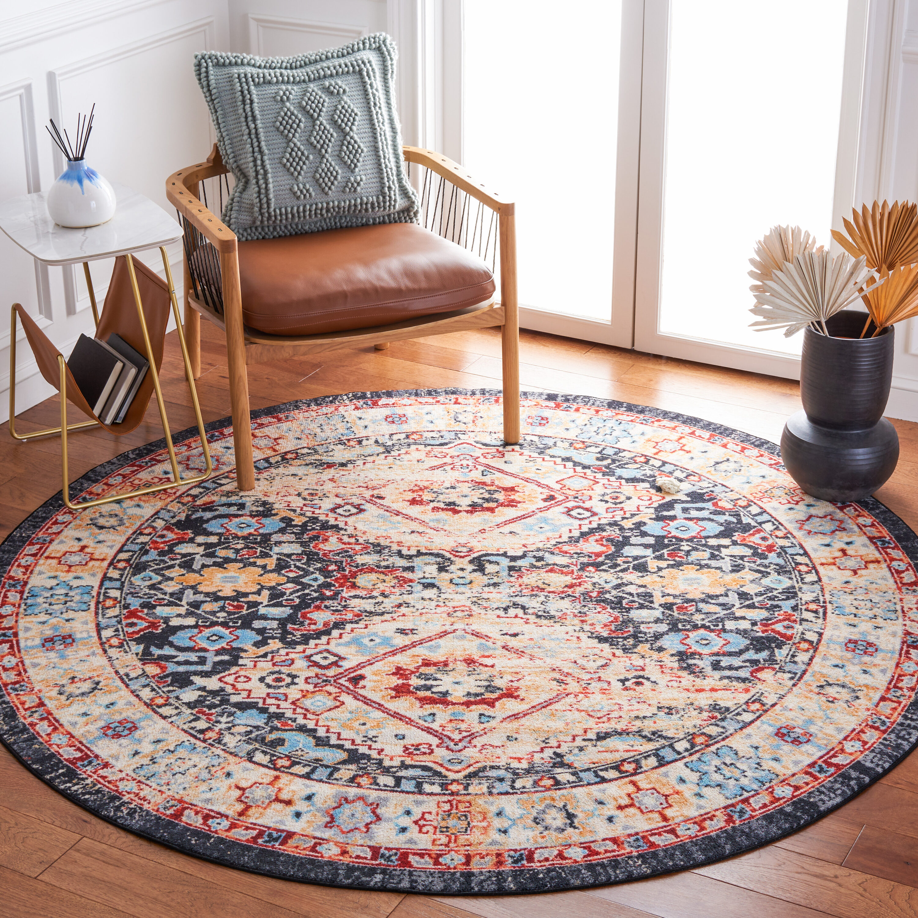 Riviera 7 x 7 Charcoal/Gold Round Indoor Border Machine Washable Area Rug Polyester in Off-White | - Safavieh RIV157H-7R