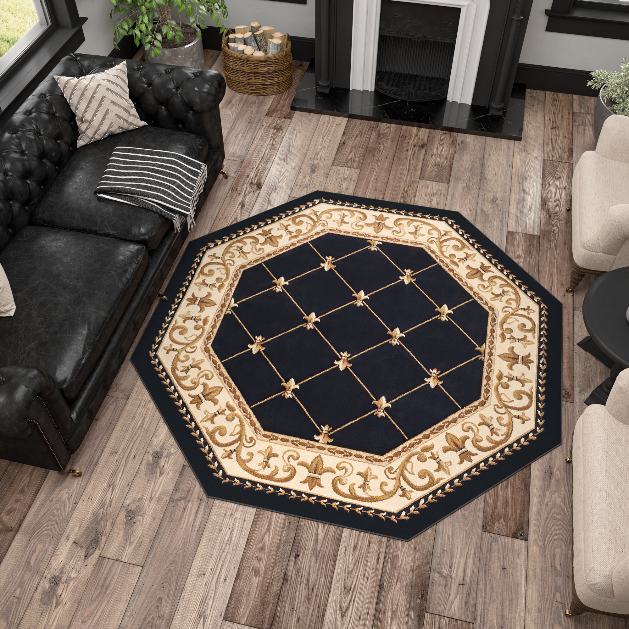 Sensation Traditional Black Swirl 5'3" Octagon Synthetic Rug