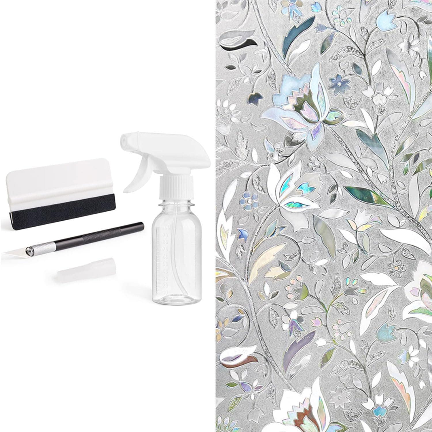 Kromapolis Decorative Laser Tulip Pattern Static Cling Window Privacy Film with 3-Piece Installation Kit Includes Spray Bottle Squeegee and Carving Knife No-Glue Vinyl Glass Covering