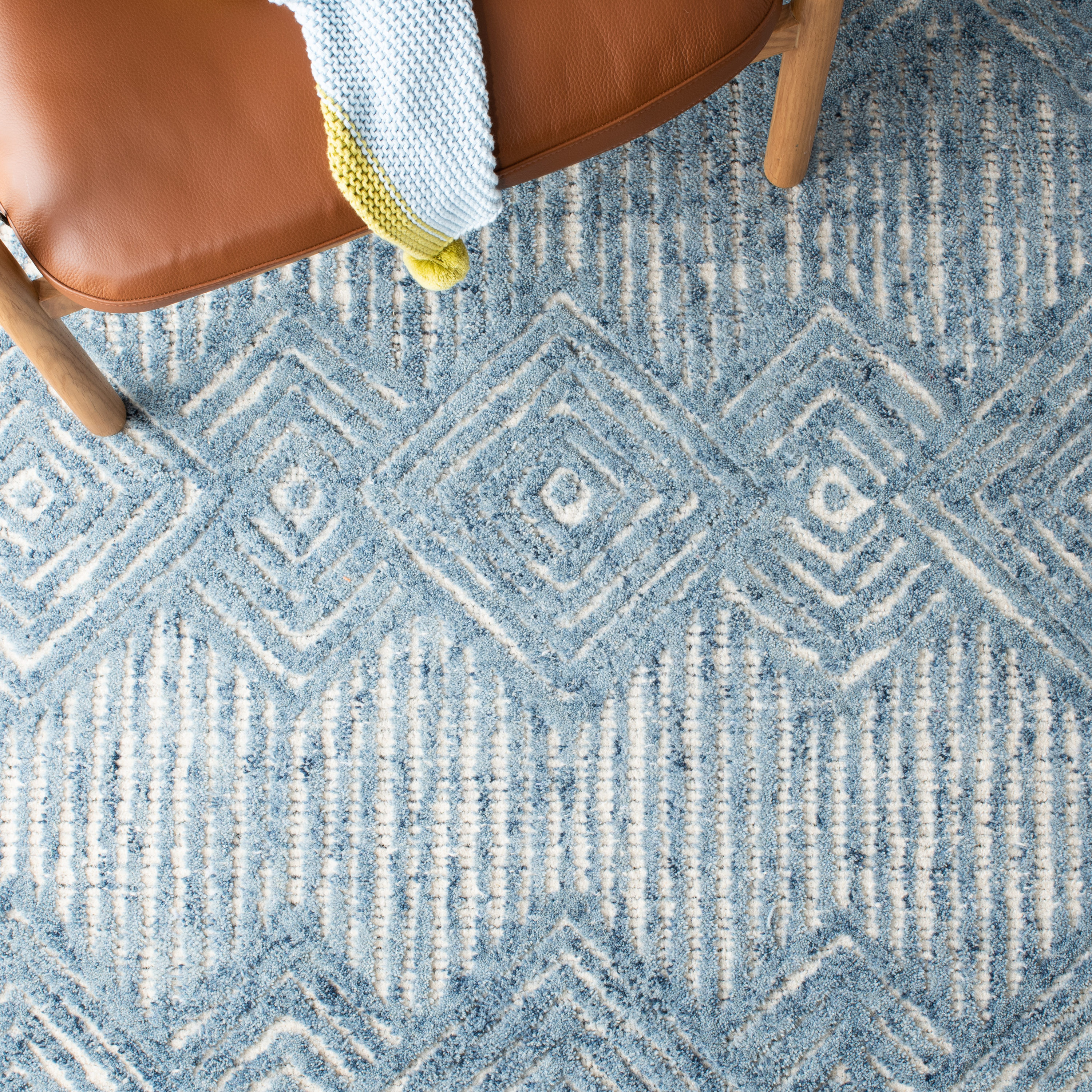 Hand-Tufted Square Wool Rug in Blue and Ivory - 6'x6'