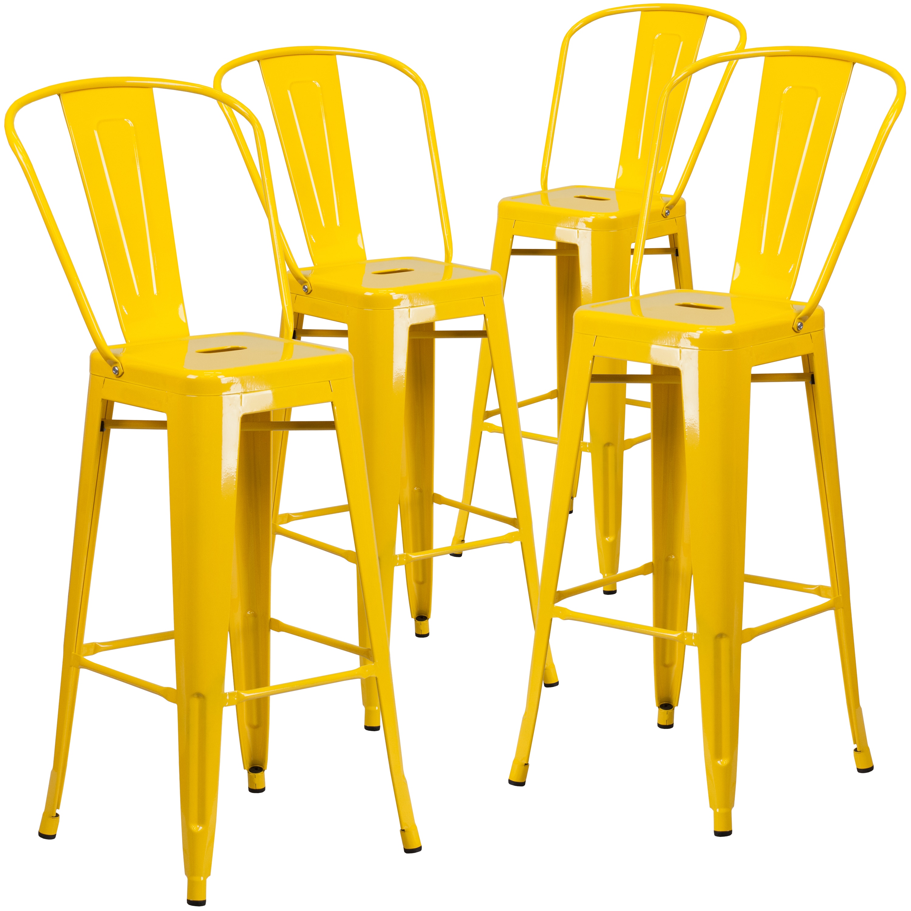 Emma + Oliver - 4 Pack 30-in High Yellow Metal Indoor-Outdoor Barstool with Back - Kitchen Furniture