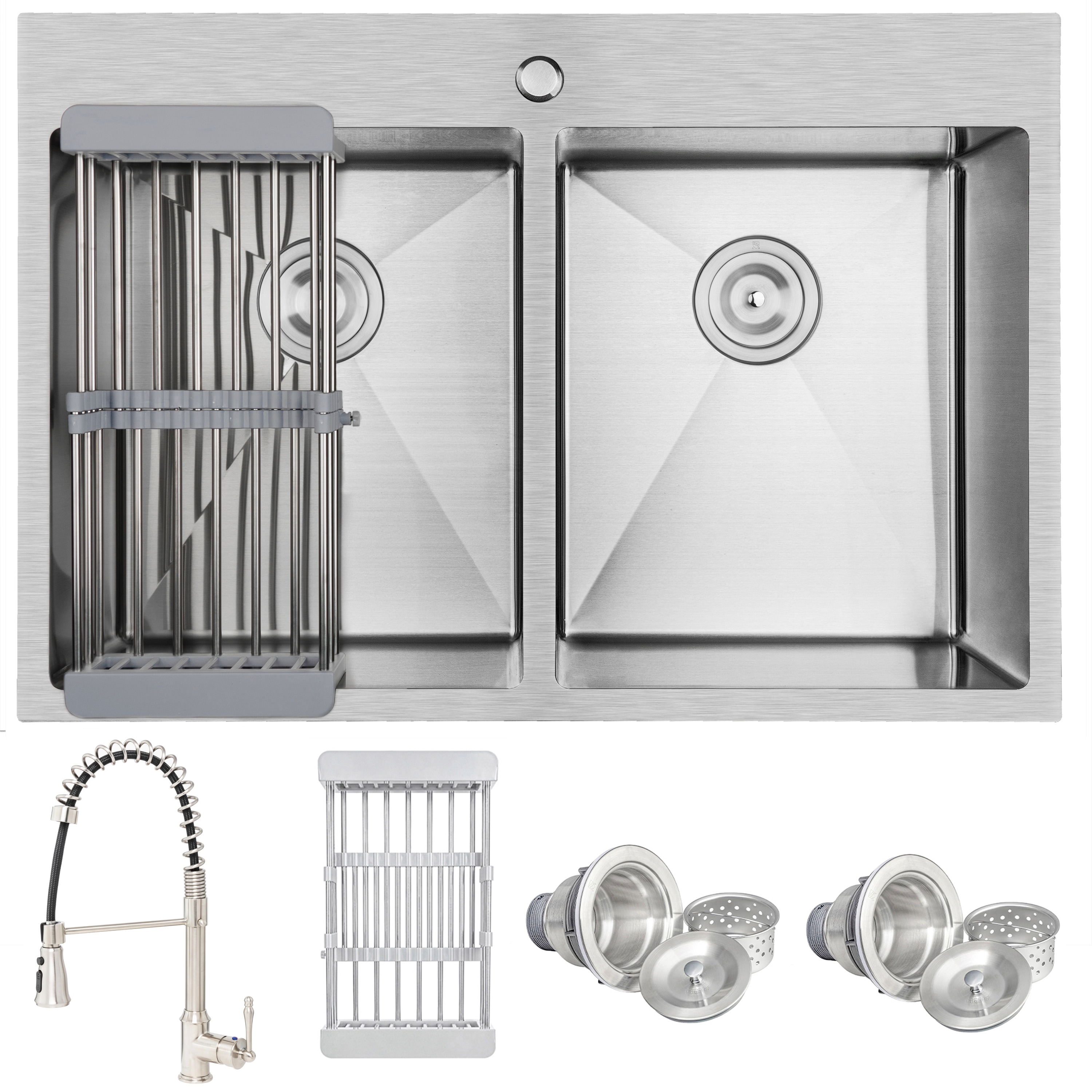 AKDY KS0403 Drop-In 33-in x 22-in Brushed Stainless Steel Double Equal Bowl 1-Hole Kitchen Sink All-in-one Kit