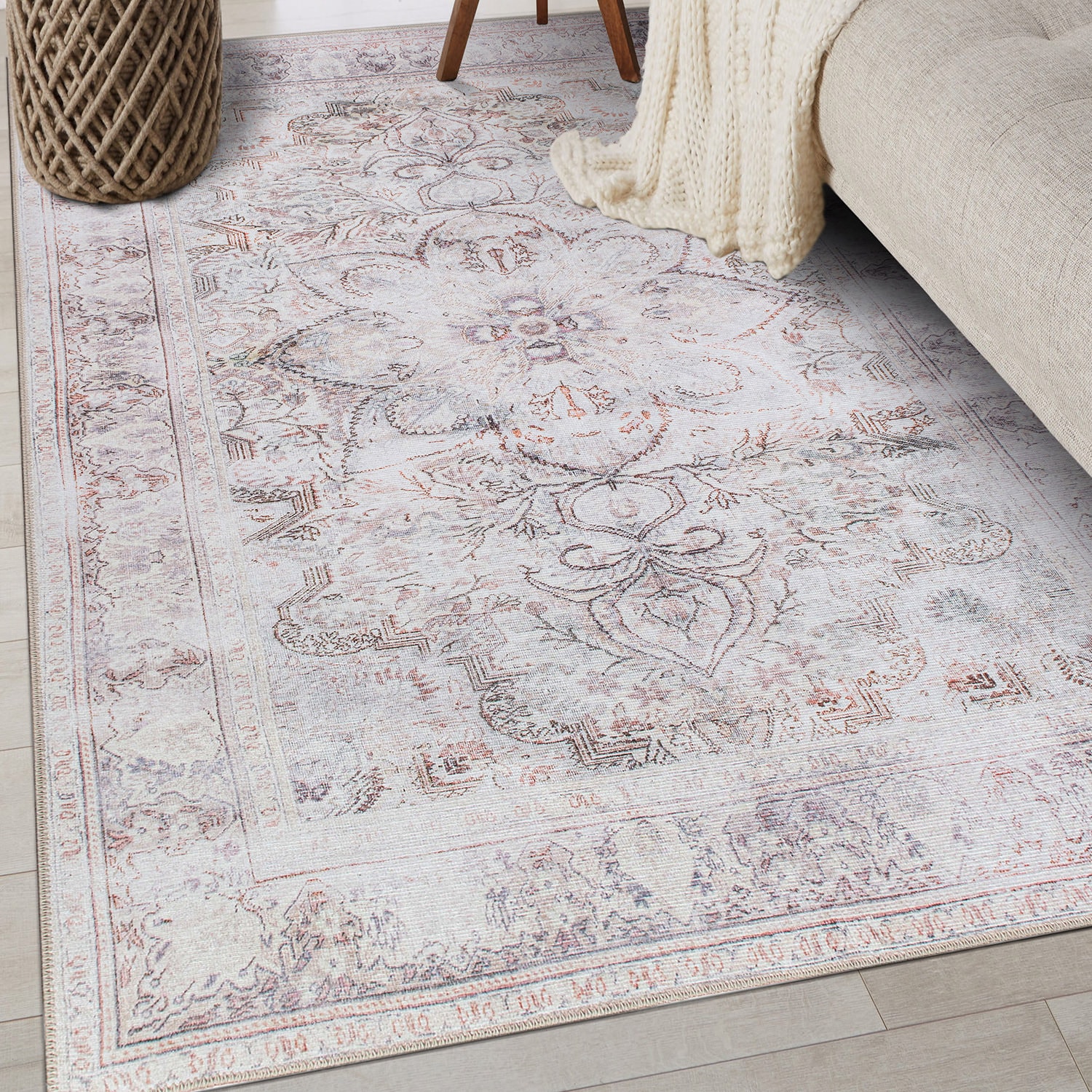 Vintage Cream and Red Synthetic Medallion Washable 5' x 7' Rug