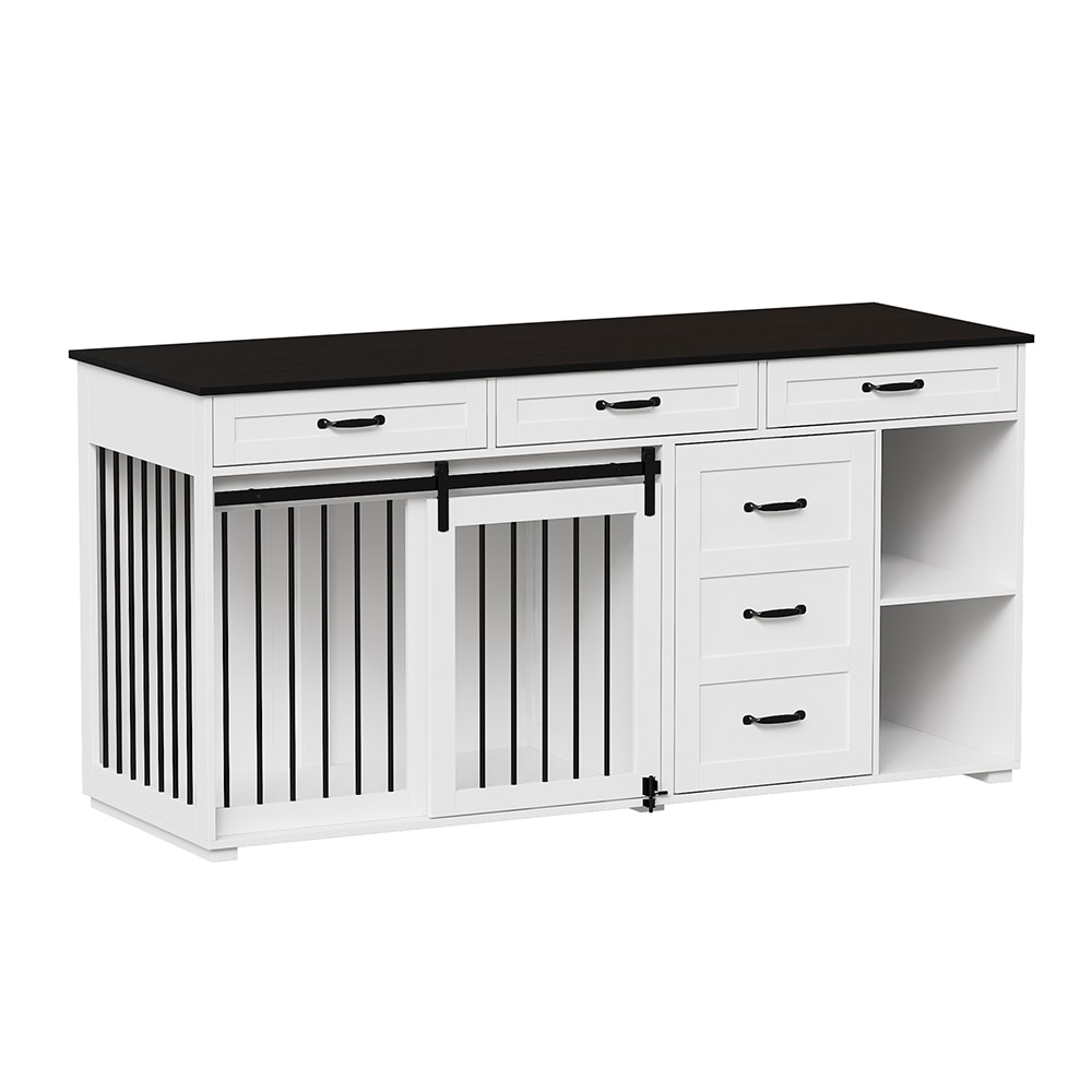 Homsee C-KF150192-01 Modern White Dog Crate Furniture with Six Drawers Lockable Iron Bar Doors and Dual Open Storage Shelves
