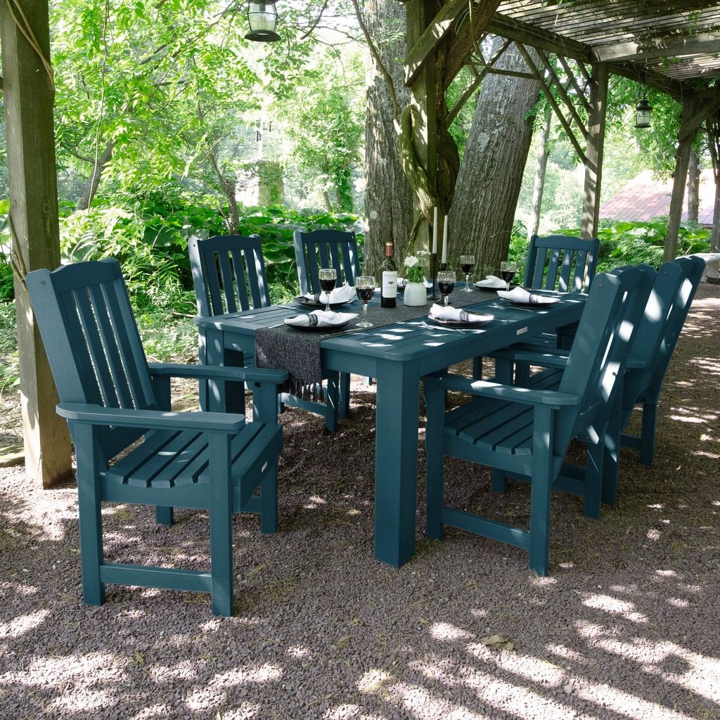 highwood AD-ST7LH1CO4AA-NBE Lehigh 7 -Piece Nantucket Blue Patio Dining Set Plastic Rectangle Table with 6 Stationary Chairs