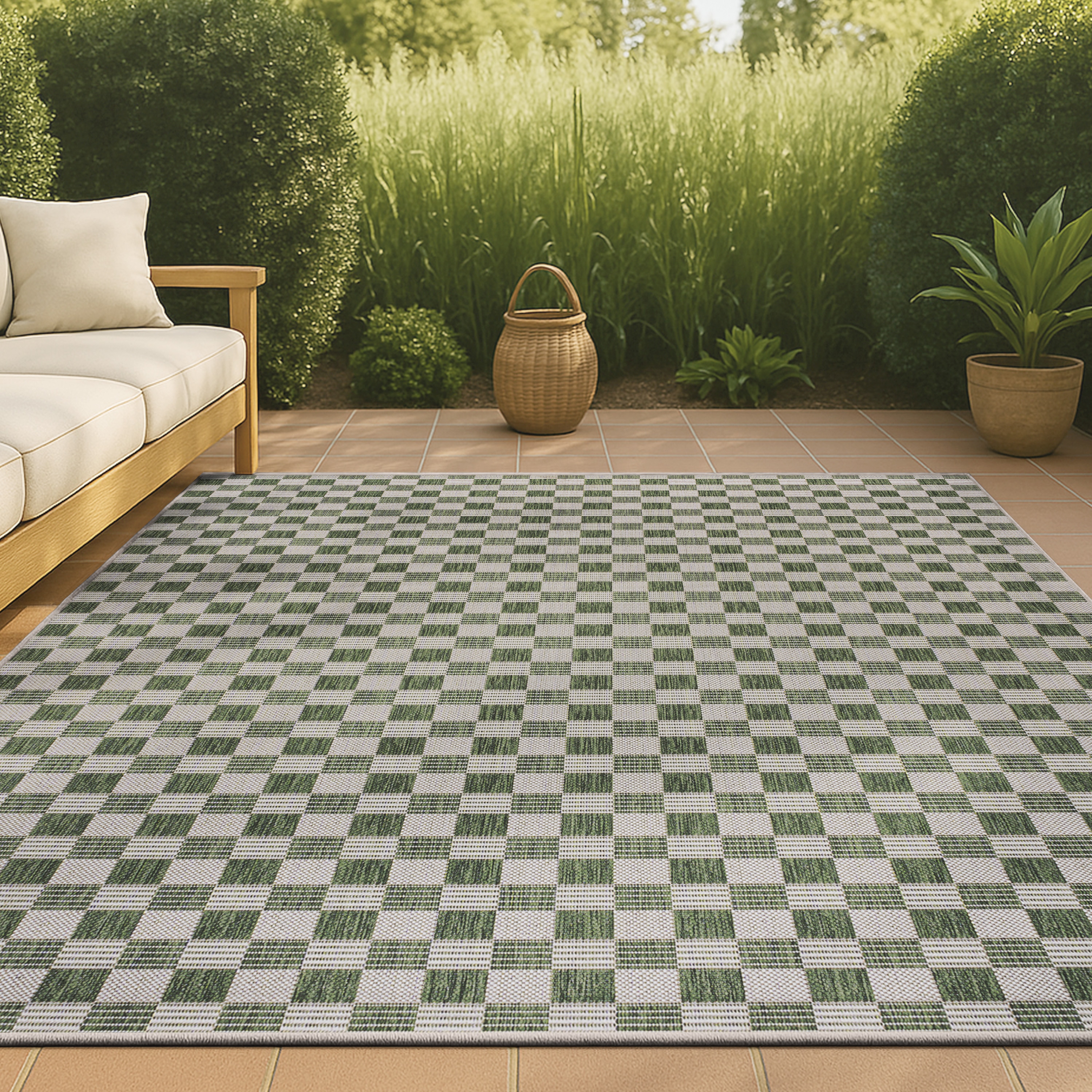 JONATHAN  Y TSN204D-3 TUSCAN SUN Aimee Checkerboard 3 x 5 (ft) Loomed Polypropylene Green/Cream Rectangular Indoor/Outdoor Geometric Farmhouse/Cottage Area rug