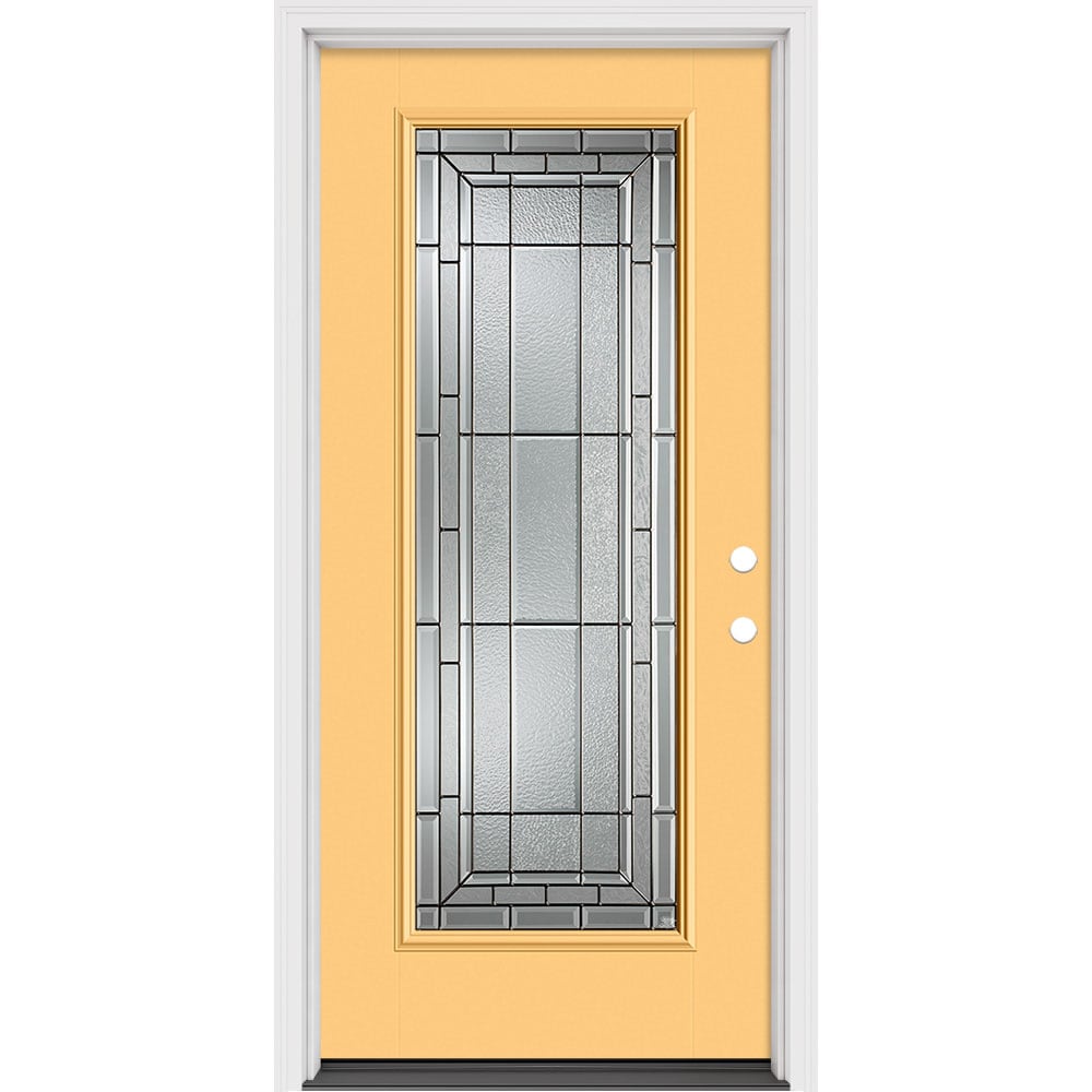 Masonite 631284 Sequence 36-in x 80-in x 4-9/16-in Fiberglass Full lite Left-hand inswing Cabana Yellow Painted Prehung Front Door with Brickmould Insulating core