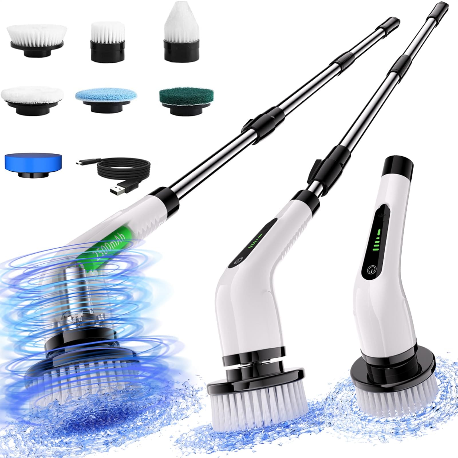 KIWDZFU  Electric Spin Scrubber Cordless Waterproof Cleaning Brush with Seven Replaceable Brush Heads Adjustable Detachable Handle for Bathroom
