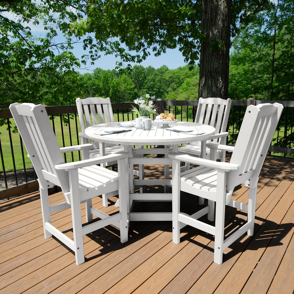 highwood AD-CNL48-WHE The Lehigh 5 -Piece White Bistro Patio Dining Set Plastic Round Table with 4 Stationary Chairs