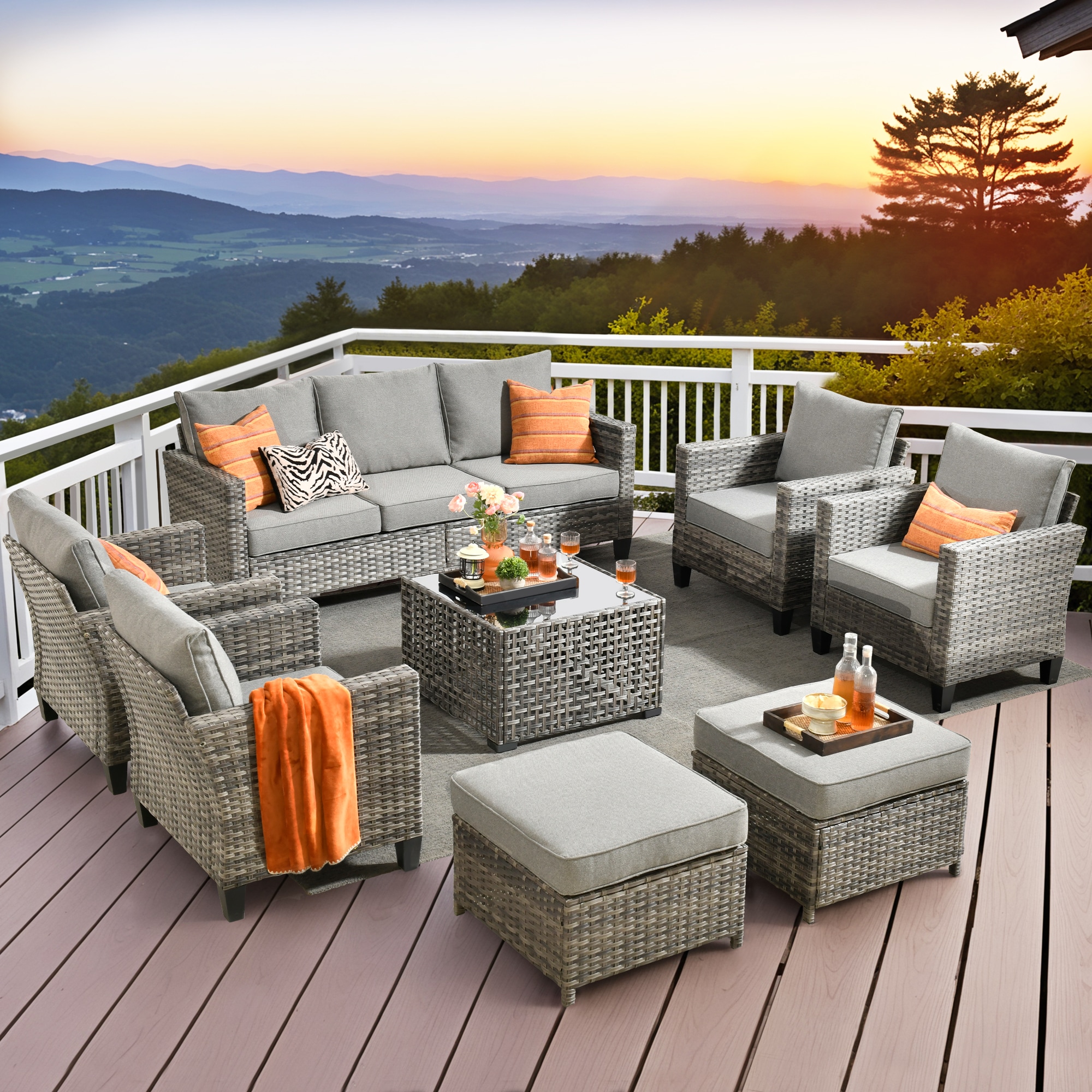 Pouuin SNGRS208 8 -Piece Wicker Patio Sofa Conversation Set with Dark Gray Cushions