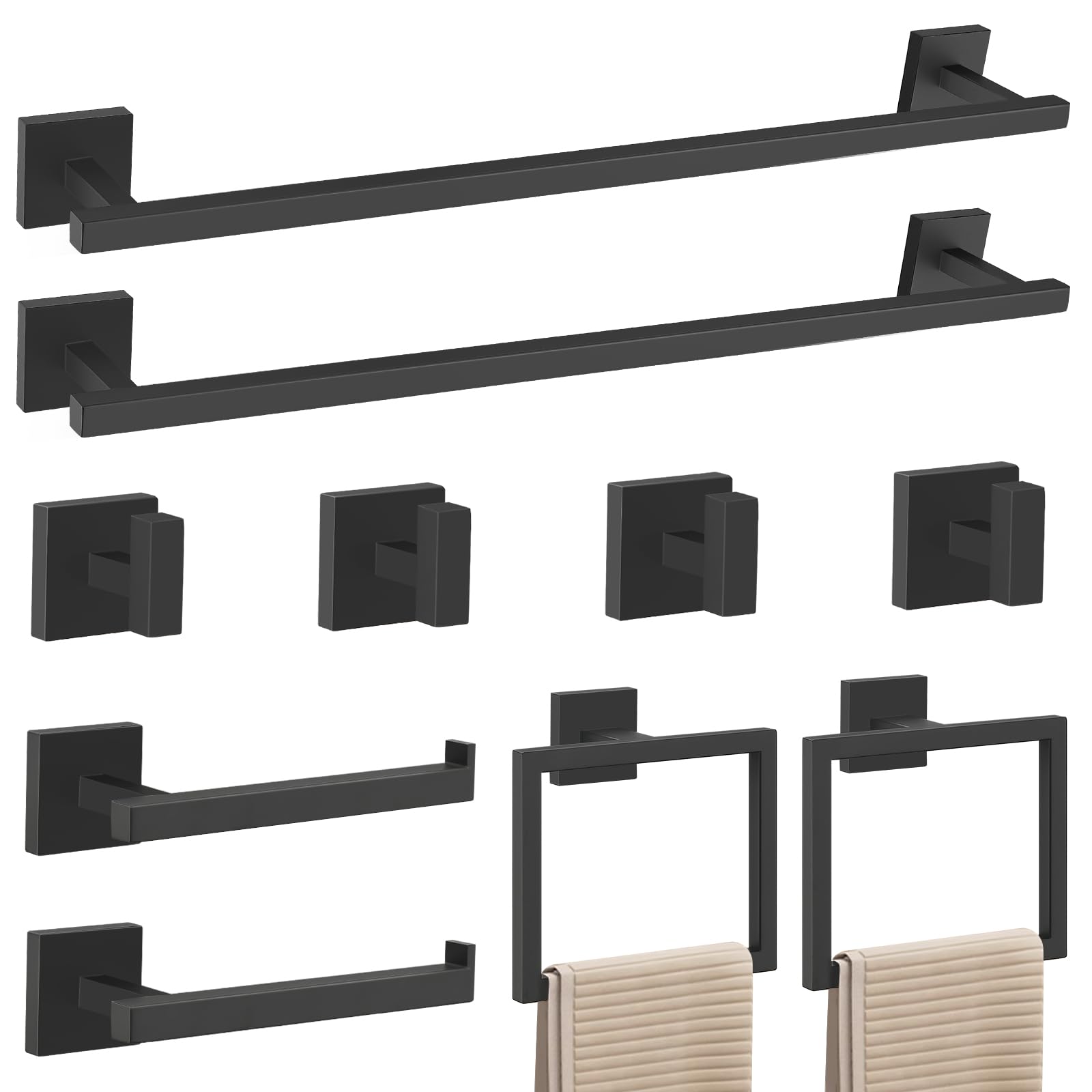 TNSO - Matte Black 10 Pieces Brushed Nickel Bathroom Hardware Set SUS304 Stainless Steel Wall Mou...