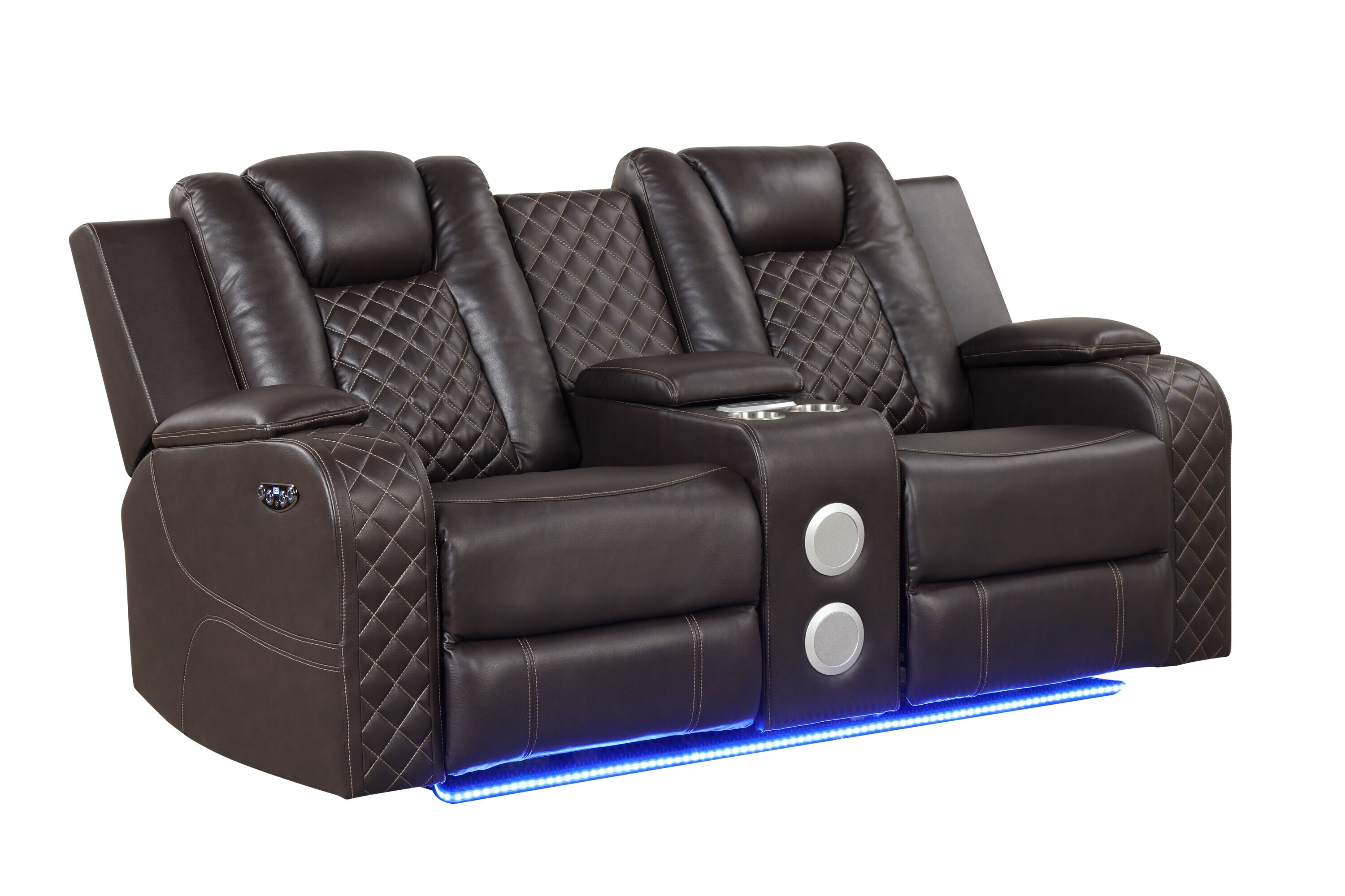 Brown Faux Leather Power Reclining Loveseat with LED Lights
