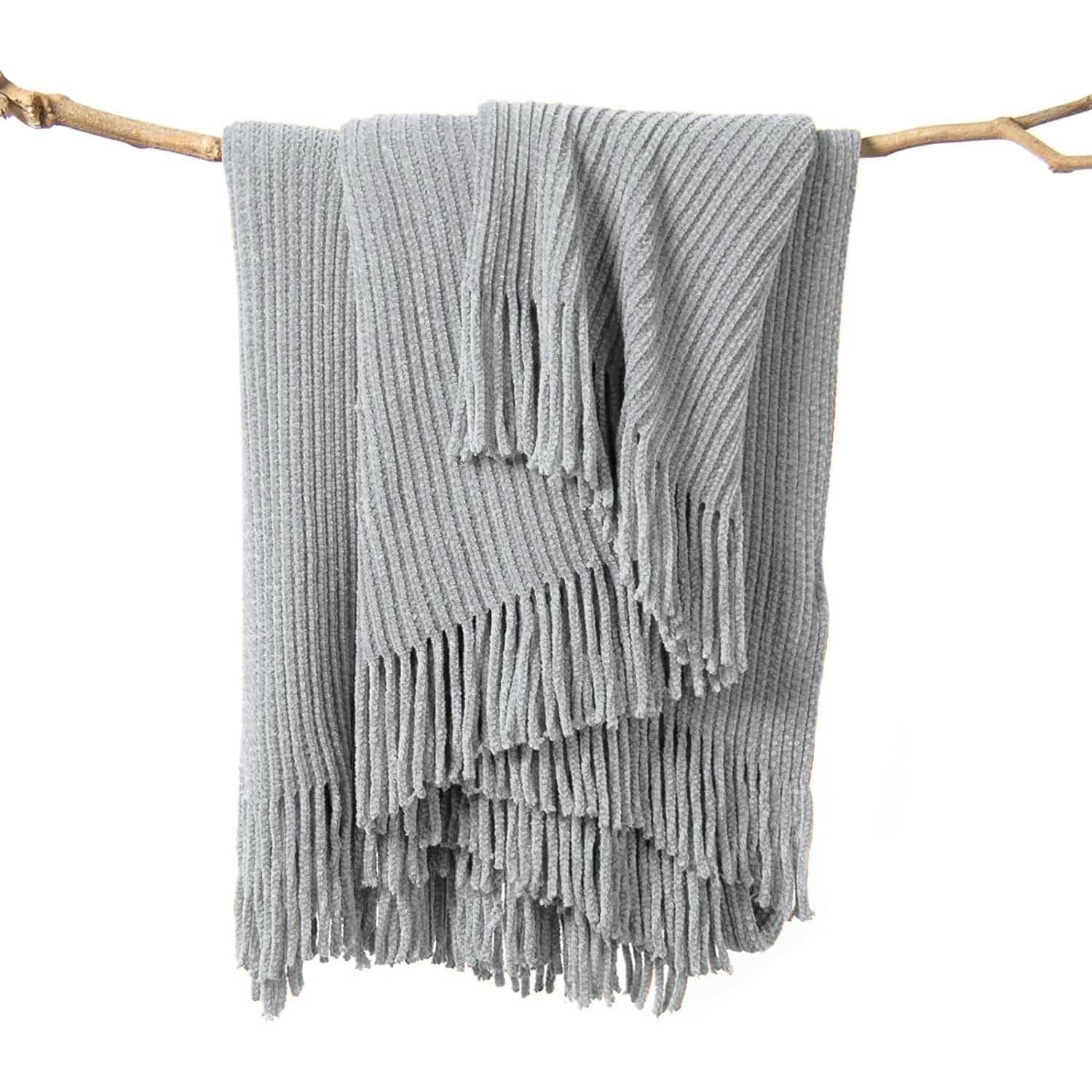 PUPWE light Grey 60x80 inch Chenille Knitted Throw Blanket Soft Boho Farmhouse Decor Lightweight All Season Neutral Home Decor