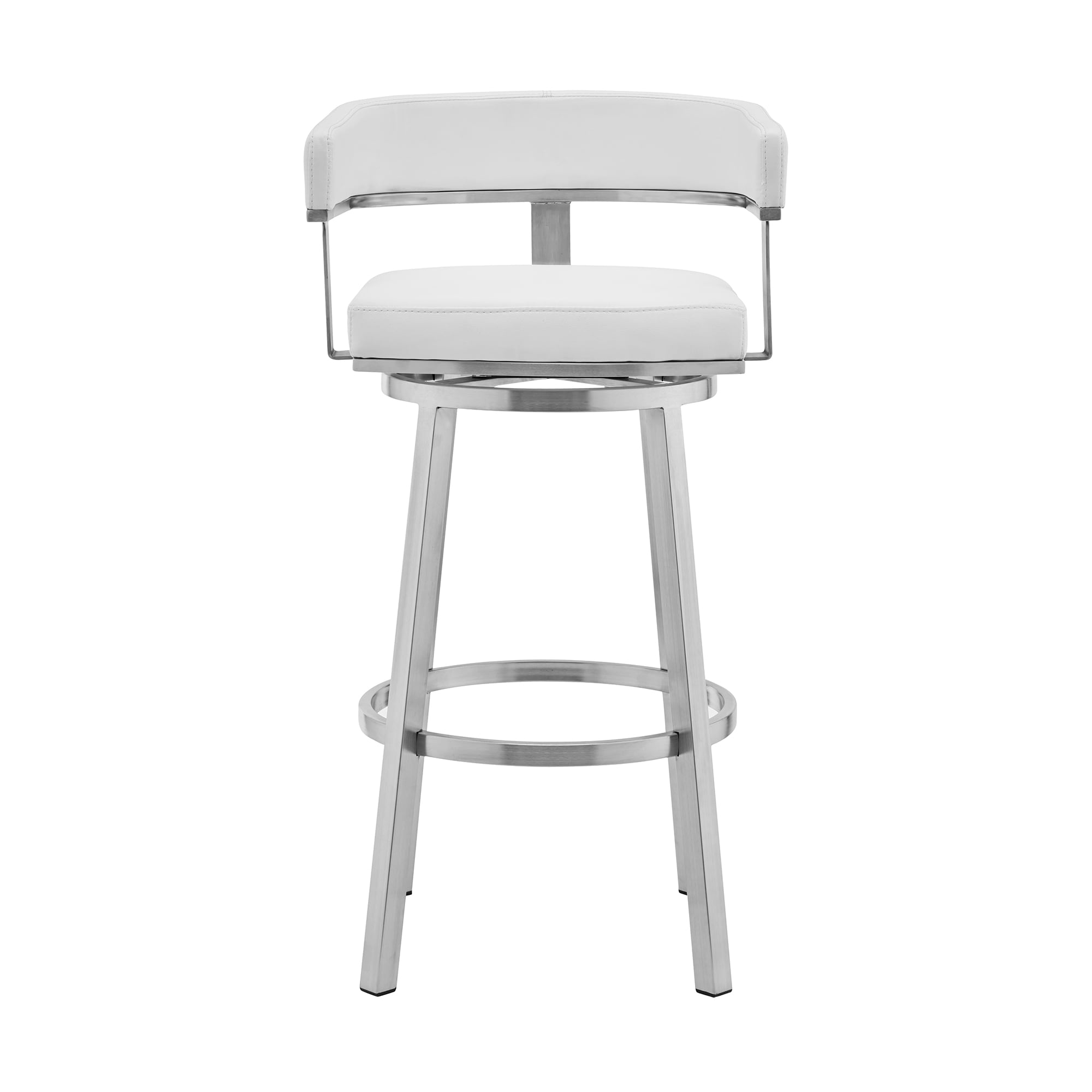 Armen Living LCLRBABSWH26 Brushed Stainless Steel 26-in H Counter height (24-in to 27-in) Bucket Seat Upholstered Swivel Metal Bar Stool with Arms