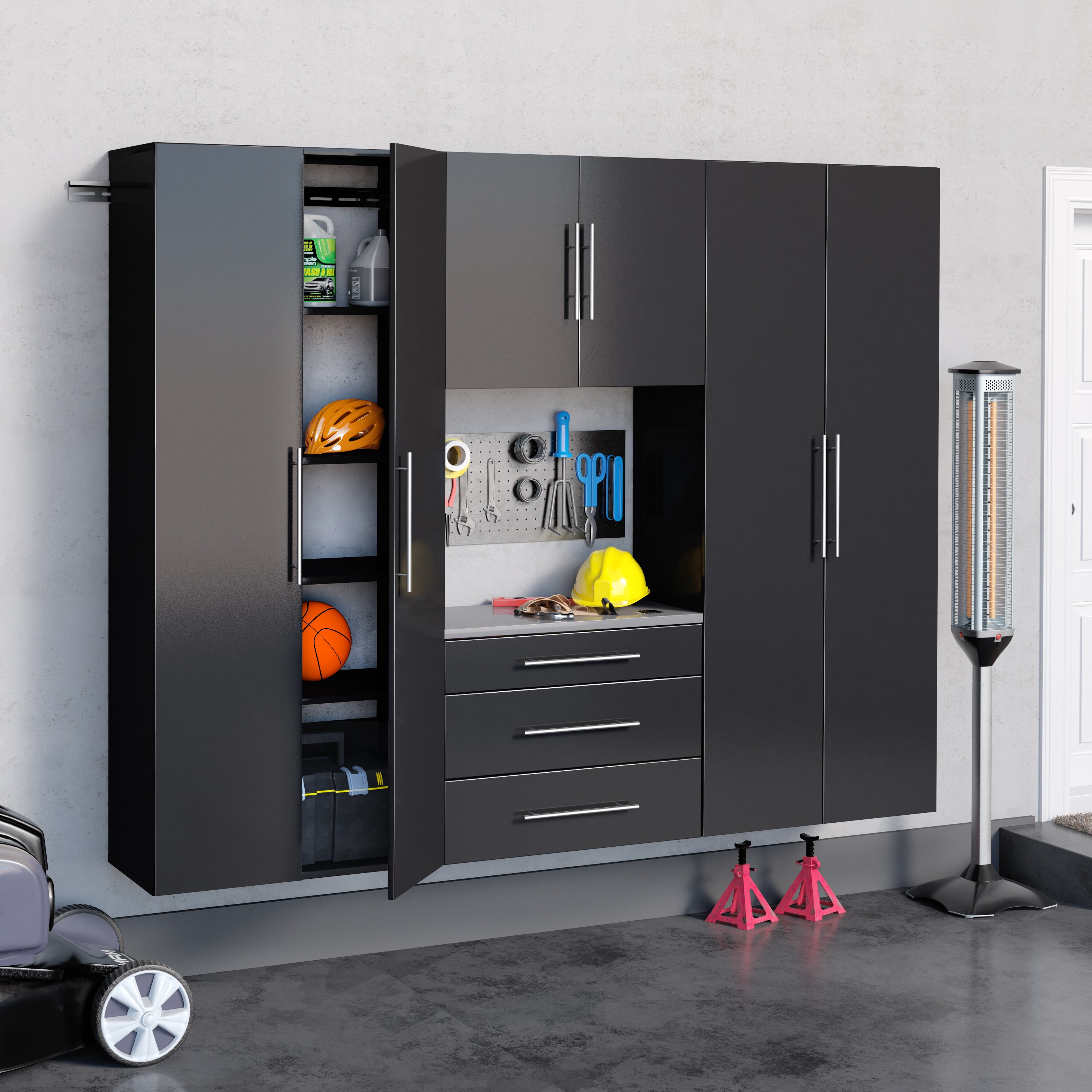 Prepac 4-Cabinets Composite Wood Garage Storage System in Black (90-in ...