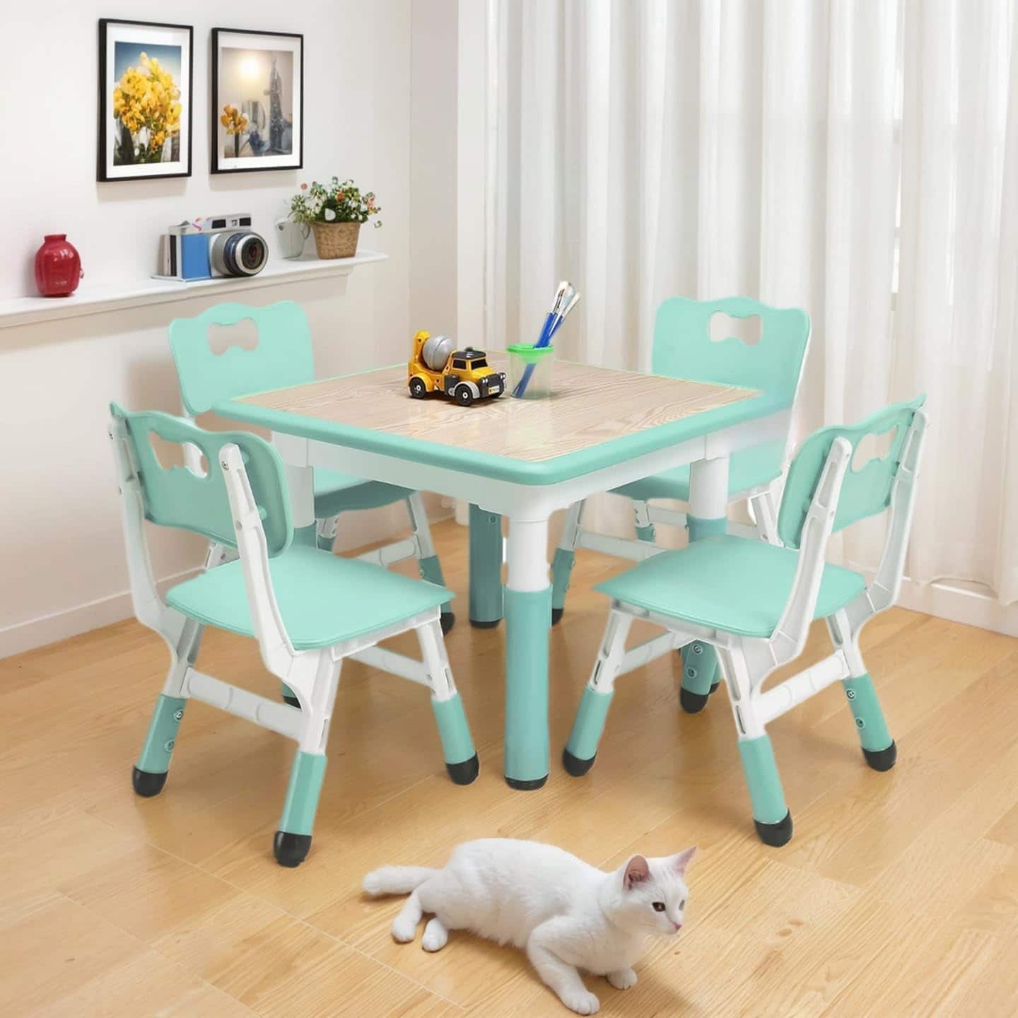 Garvee Modern Table and 4 Chairs Set - 23.26Inch Height Adjustable with Non-Slip Legs- Graffiti Desktop Organizer- Ideal for Preschool Activities Ages 2-10