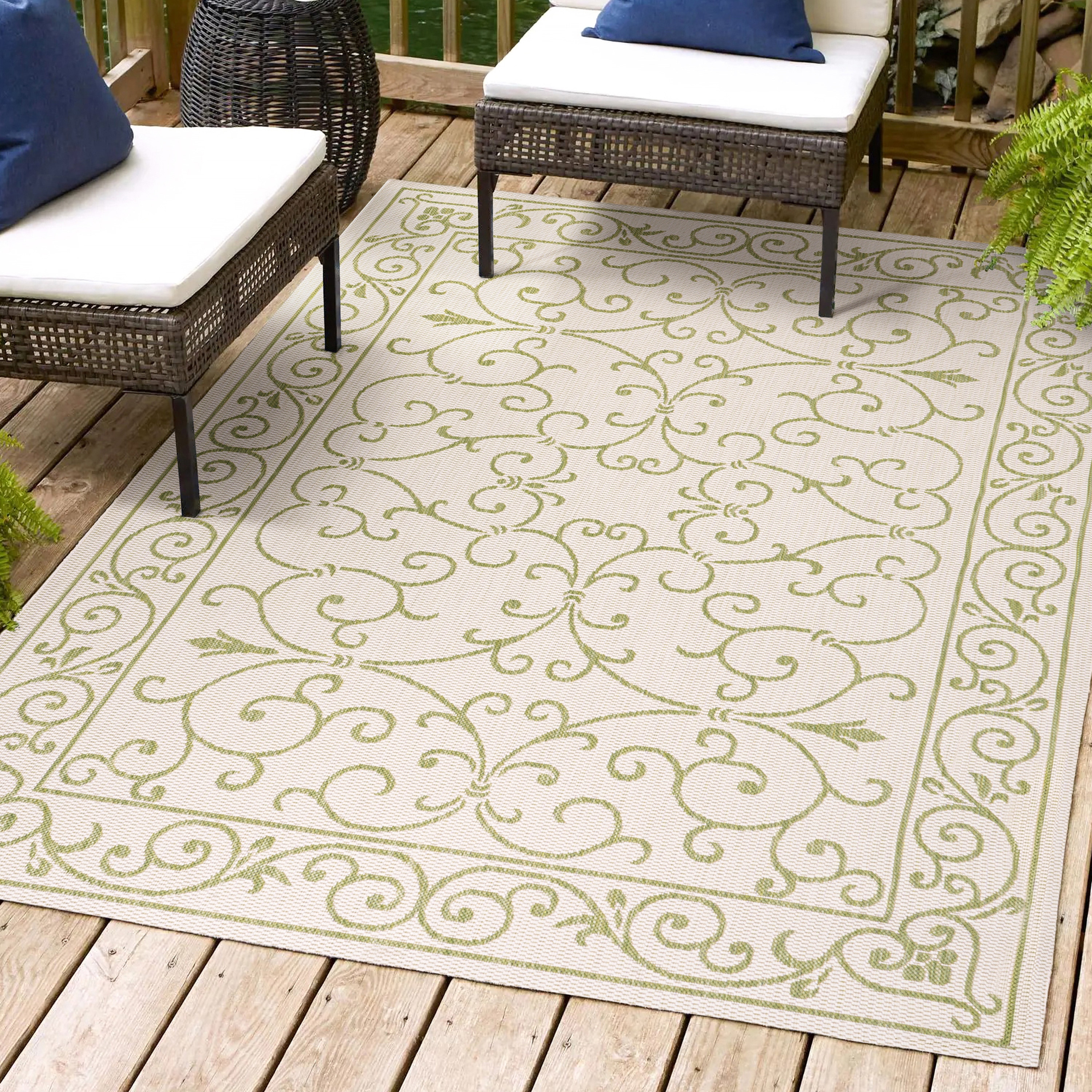 JONATHAN  Y SMB106I-3 Santa Monica Charleston Filigree Textured Weave 3 x 5 (ft) Loomed Polypropylene Cream/Green Rectangular Indoor/Outdoor Border Coastal Area rug