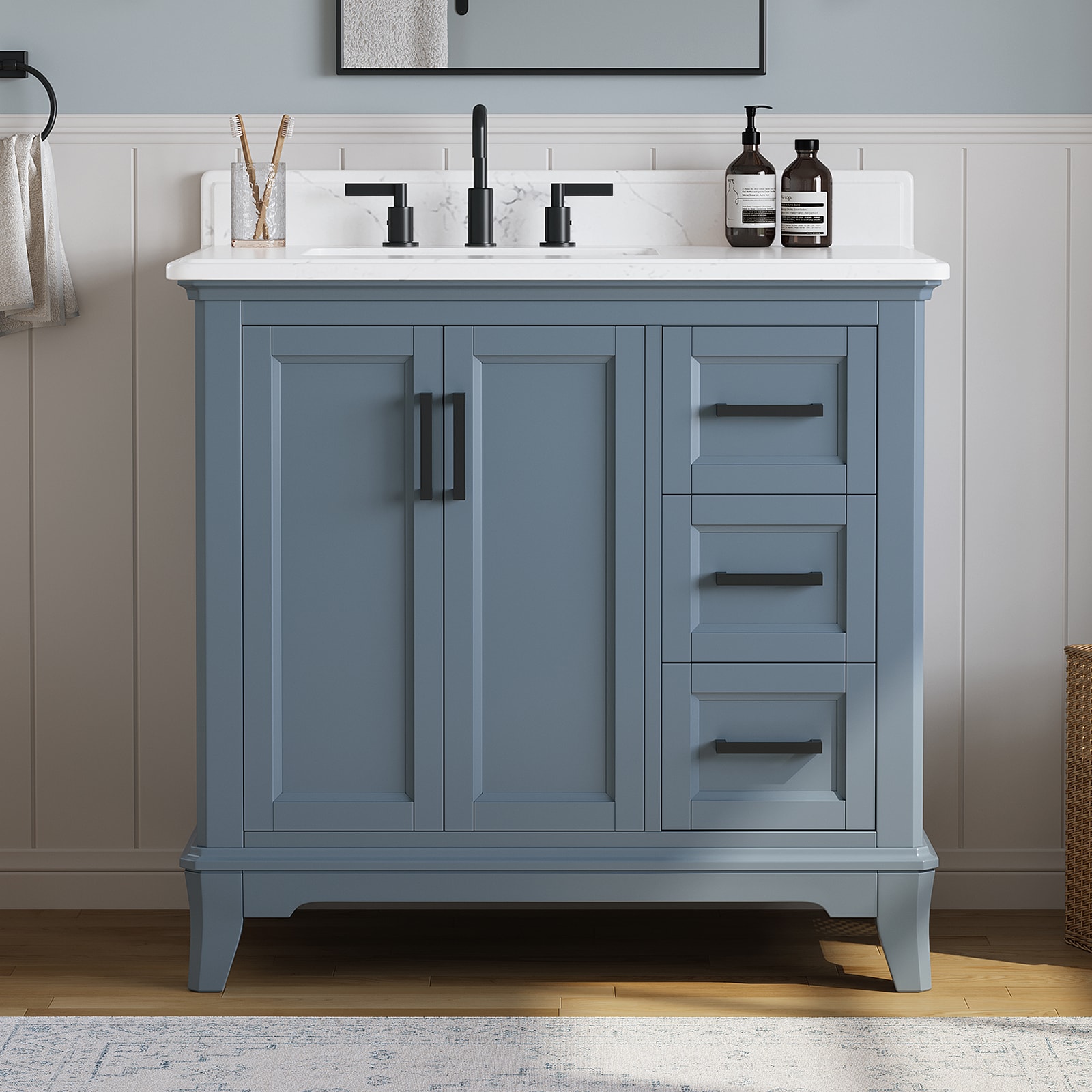 DELUXE LIVING V0059 Rawsonville 37-in Blue Undermount Single Sink Bathroom Vanity with White Quartz Top