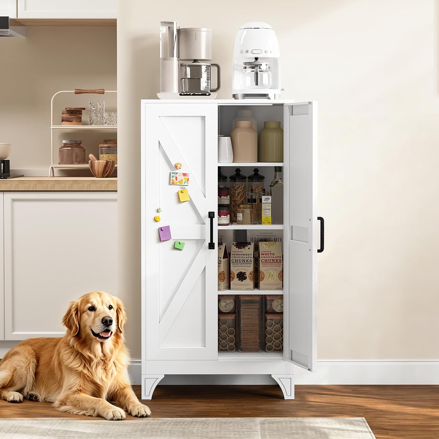 Fredees 47 Inch Tall Metal Storage Cabinet with 2 Doors and 3 Adjustable Shelves 180 lb Per Shelf Capacity White Steel Locker for Kitchen Garage Office Basement