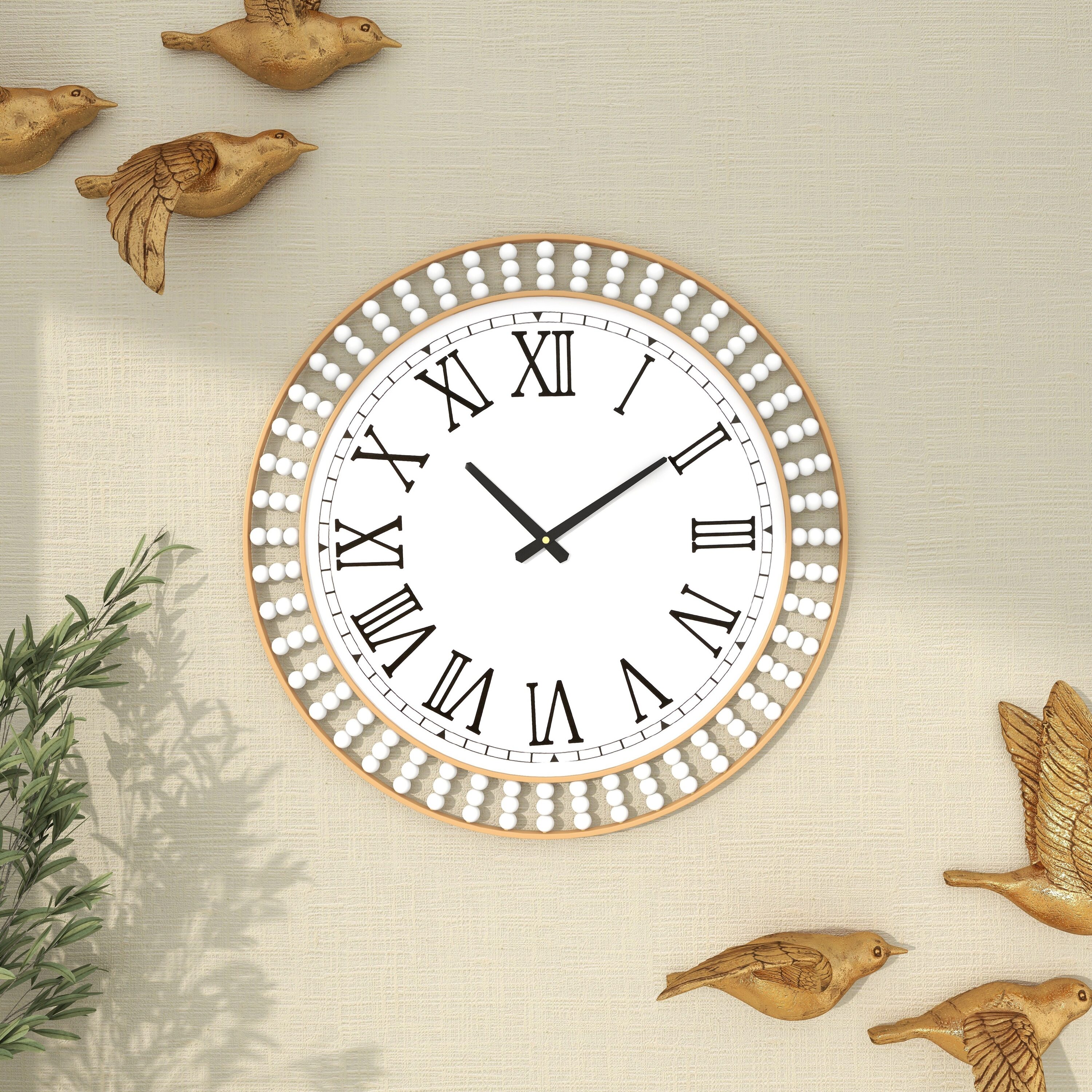 Oversized White Beaded Wall Clock with Gold Frame