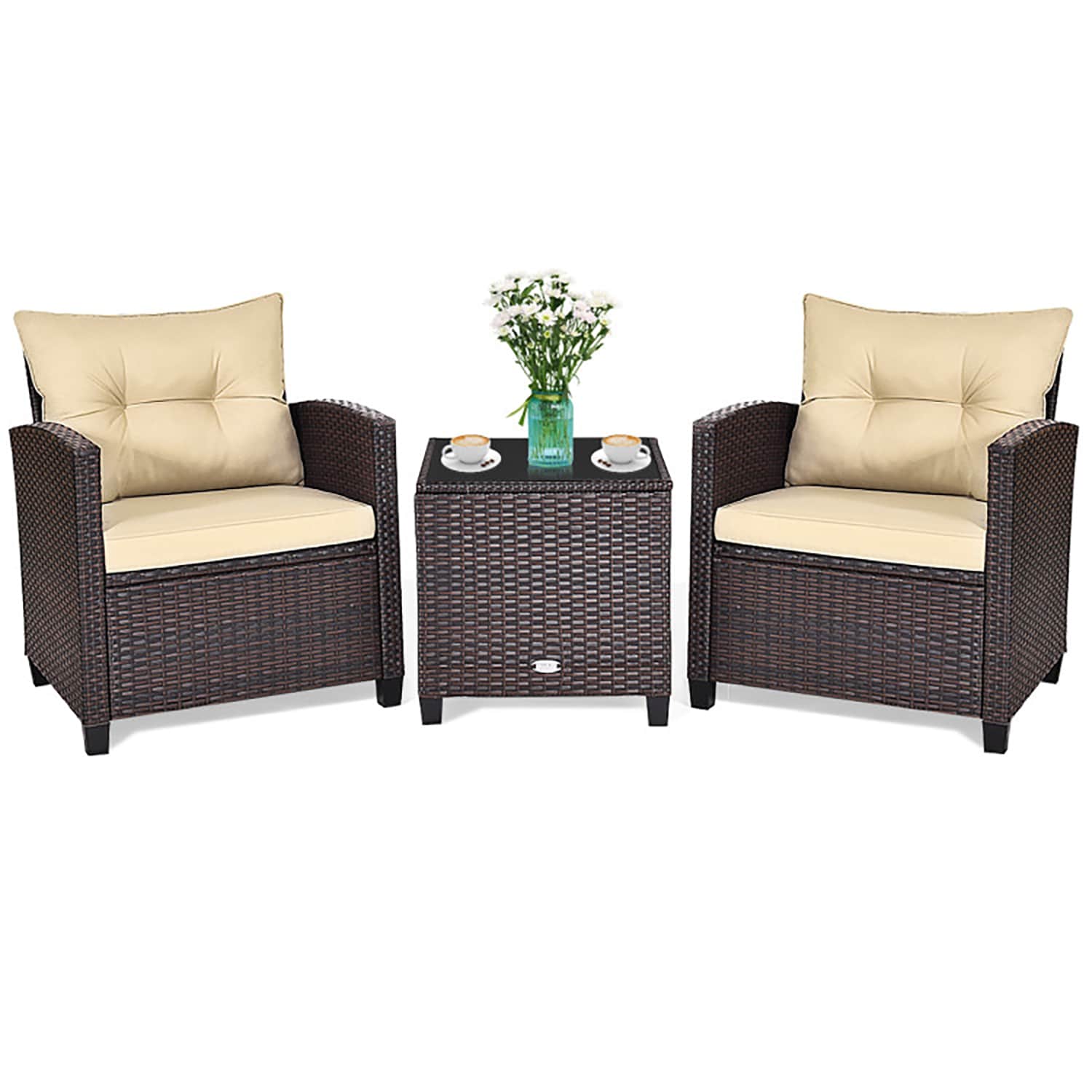 GZMR GZW68667BN 3 -Piece Rattan Patio Conversation Set with Brown Cushions