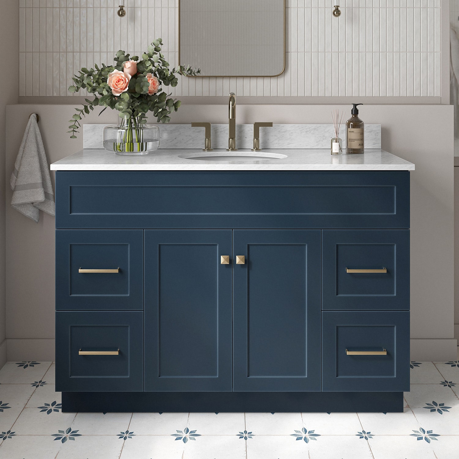 ARIEL F049SCW2OVOMNB Hamlet 49-in Midnight Blue Undermount Single sink Bathroom Vanity with 0.75" Carrara White Marble Natural marble Top