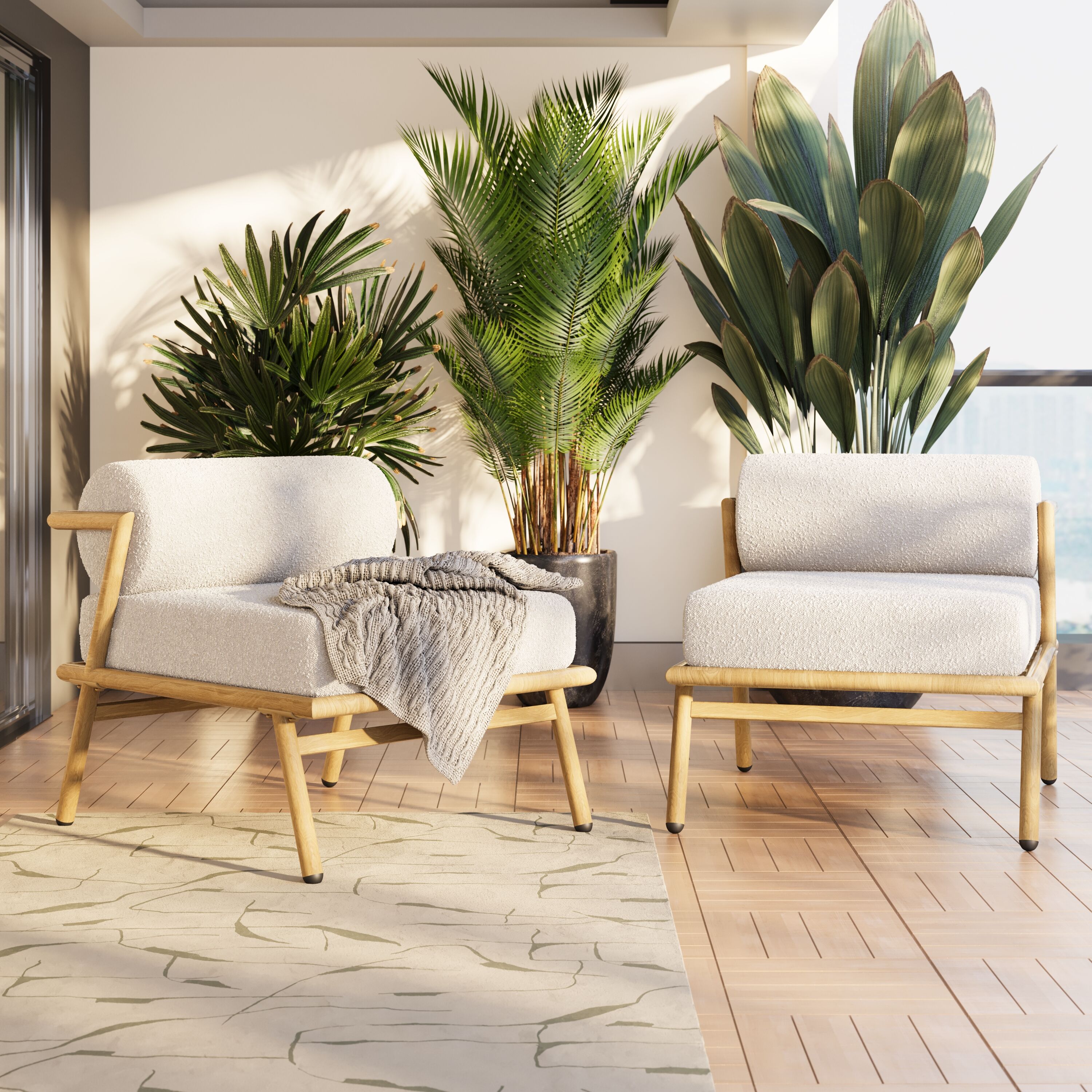 Christopher Knight Home 326731 La Fiora Outdoor Patio Club Chairs Iron Frame and Weather Resistant Cushions  Set of 2-Teak Finished+Off White