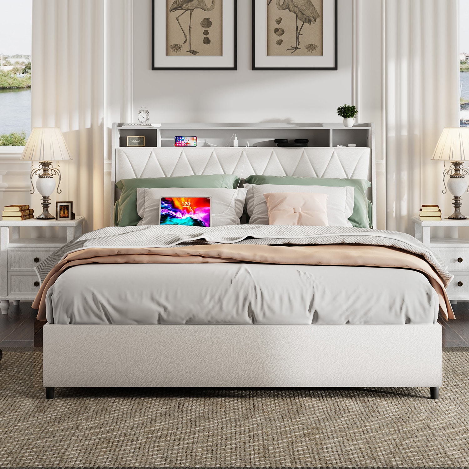 Mondawe MO-WF26252 Full Beige Platform Bed Storage with Headboard