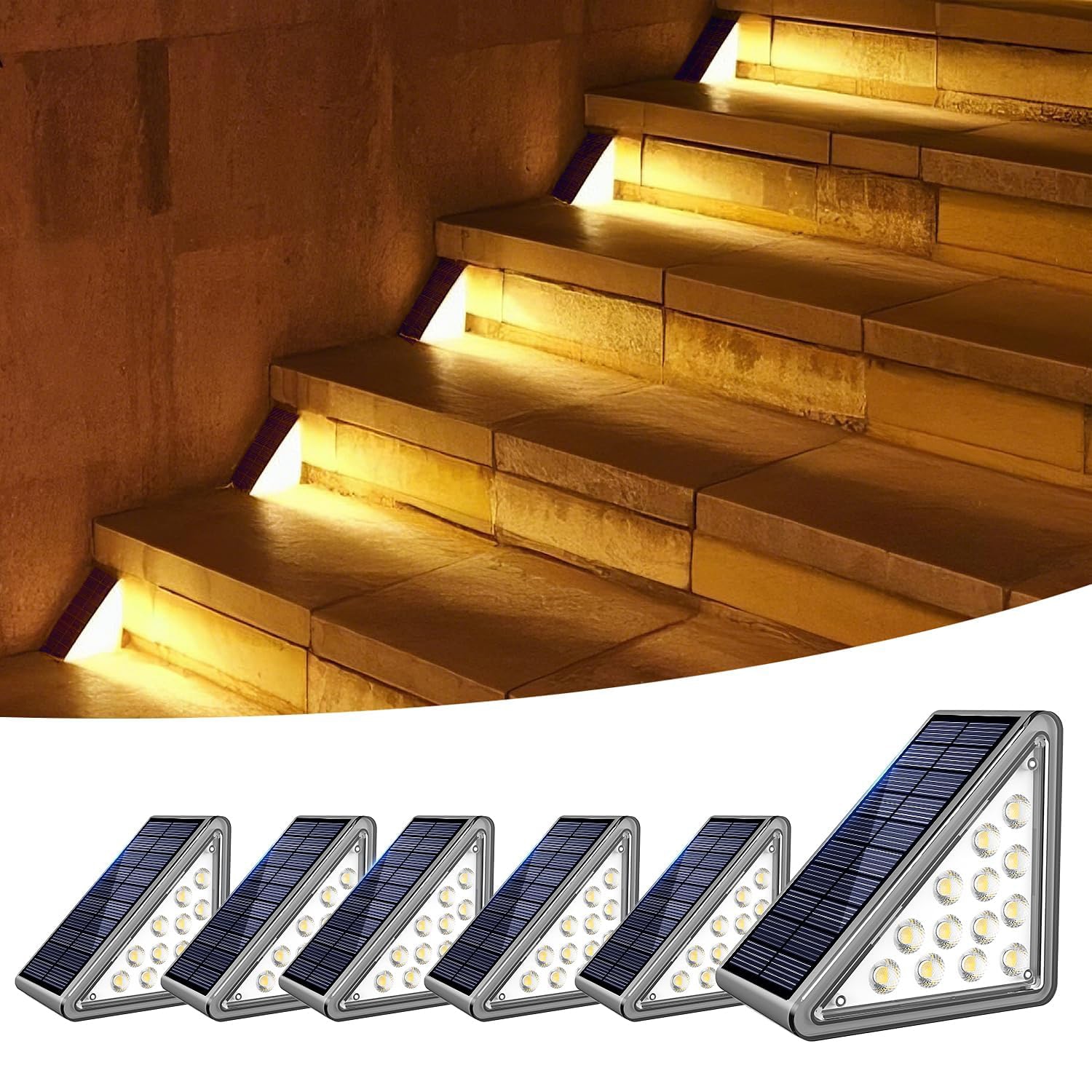 Afoxsos Solar Step Lights 6 Pack Outdoor Stair and Deck Light IP65 Waterproof Dual Color Modes Monocrystalline Panel for Patio Porch Sidewalk