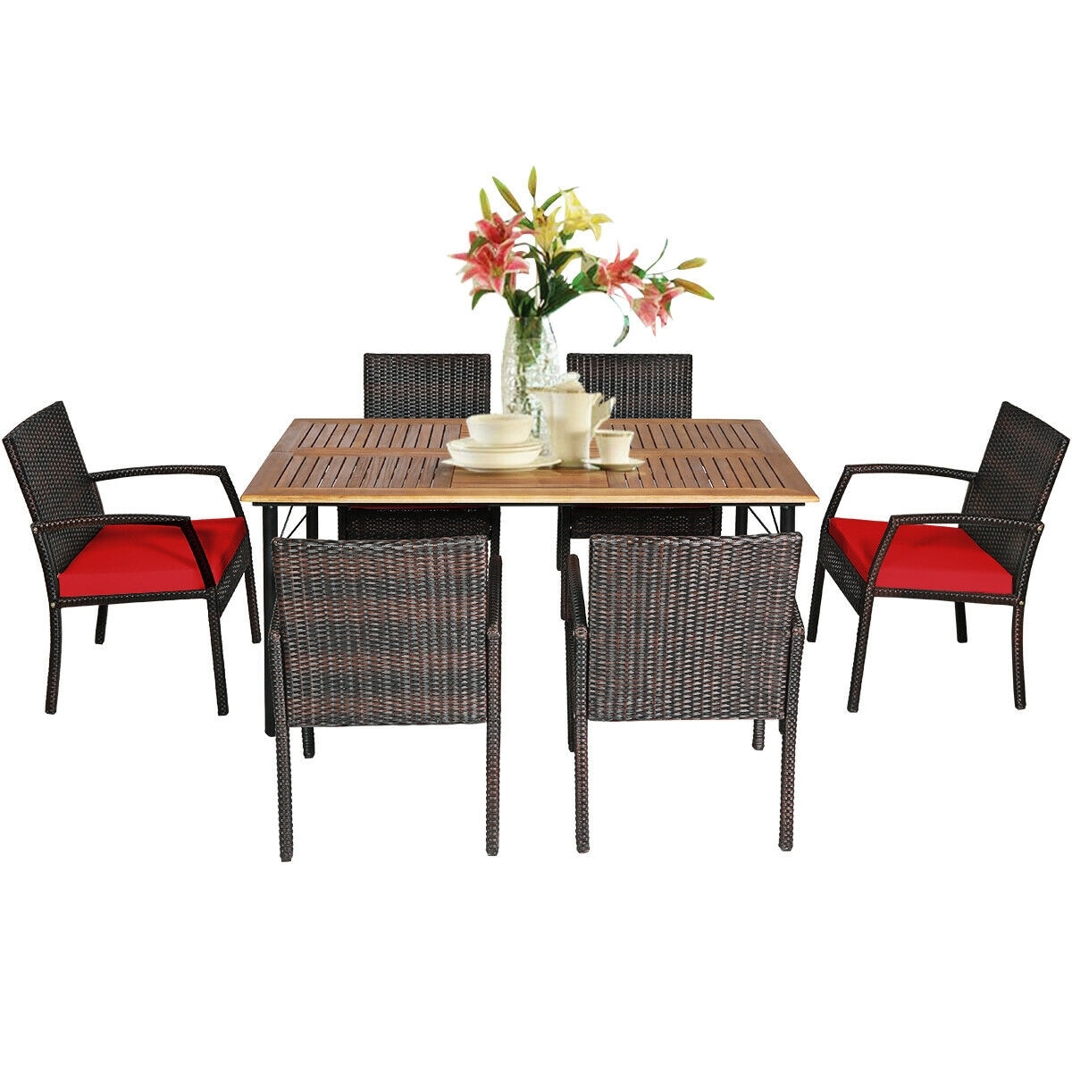  OD09AREHW654 Patio Dining Sets 7 -Piece Mix Brown Rattan Patio Dining Set Wood Rectangle Table with 6 Red Cushions Stationary Chairs