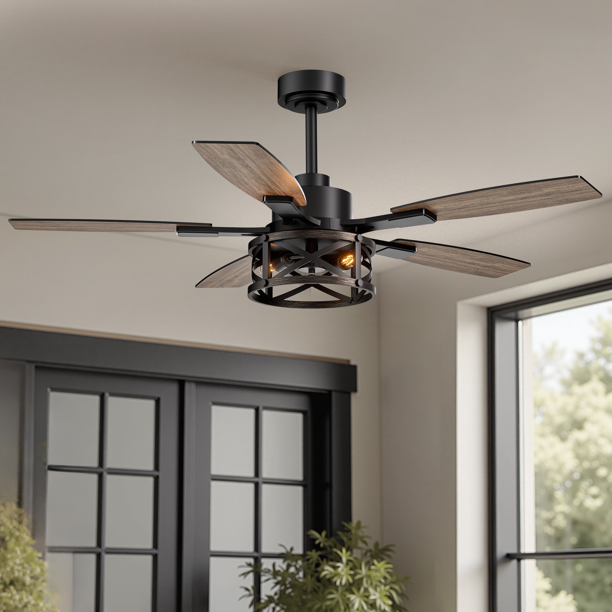 SILJOY LL-8037D-52-04 52-in Farmhouse Cage Gold and Black Ceiling Fan and Dual Color Blades Ceiling Fan With Lights - Remote Included ( 5-Blade Bulb not included and Heavy-Duty Metal Elbow ) for Patio Bedroom and Living room
