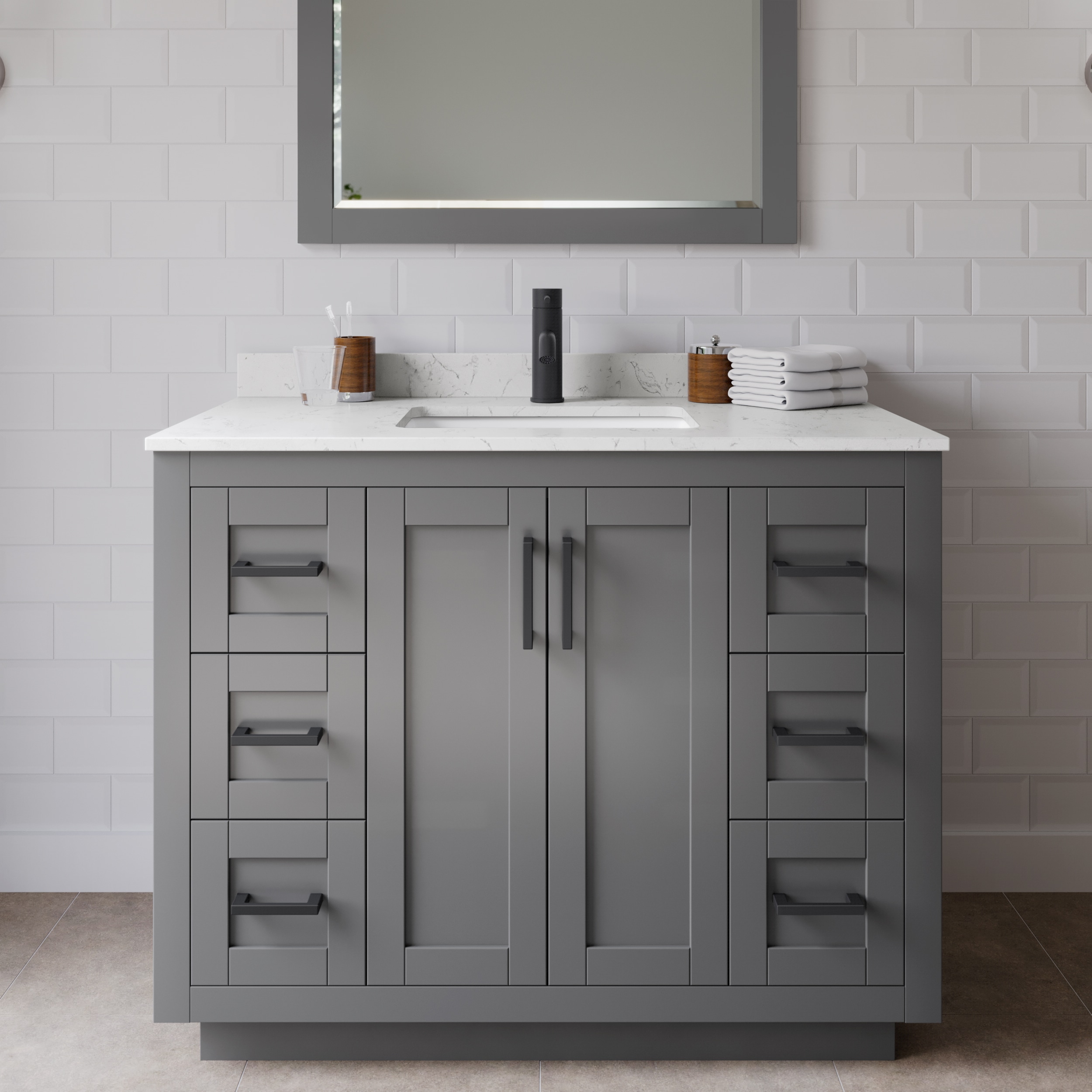 Wyndham Collection WCF292942SGBC2UNSM34 Miranda 42-in Dark Gray with Matte Black Trim Undermount Single sink Bathroom Vanity with Carrara Cultured Marble Cultured marble Top (Mirror Included)