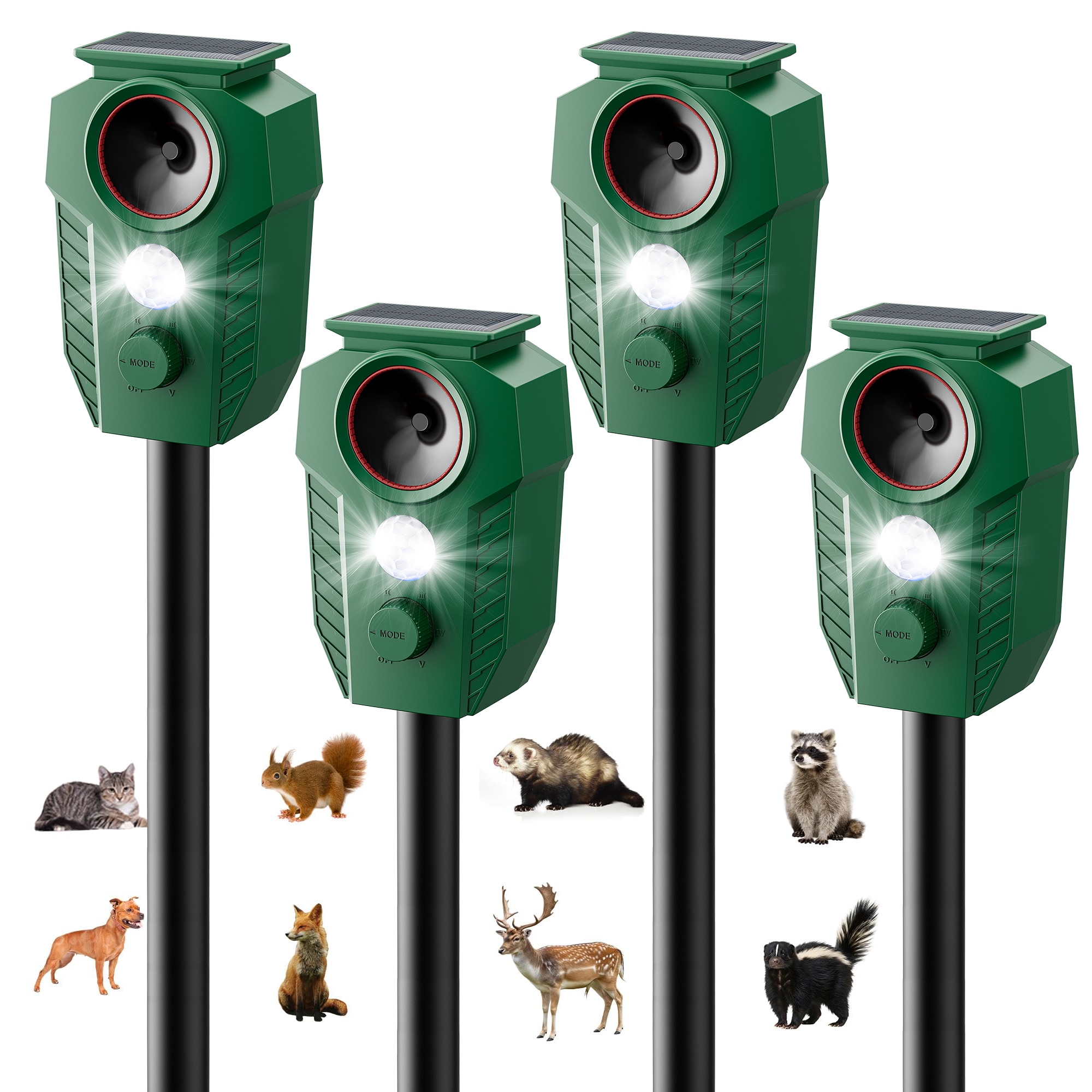 Yardgrace  4 Pack Solar Animal Repeller Motion Activated Ultrasonic Deterrent with LED Light for Moles Deer Raccoons