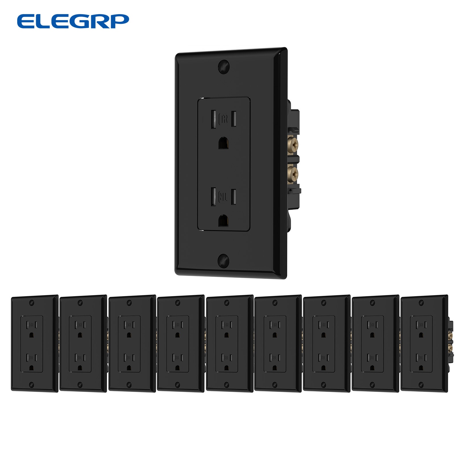 ELEGRP Decorative Receptacles 2 Pole 3 Wire Grounding Tamper Resistant 15A 125V NEMA 5 15R Black 10 Pack #ERG007A-0210WP