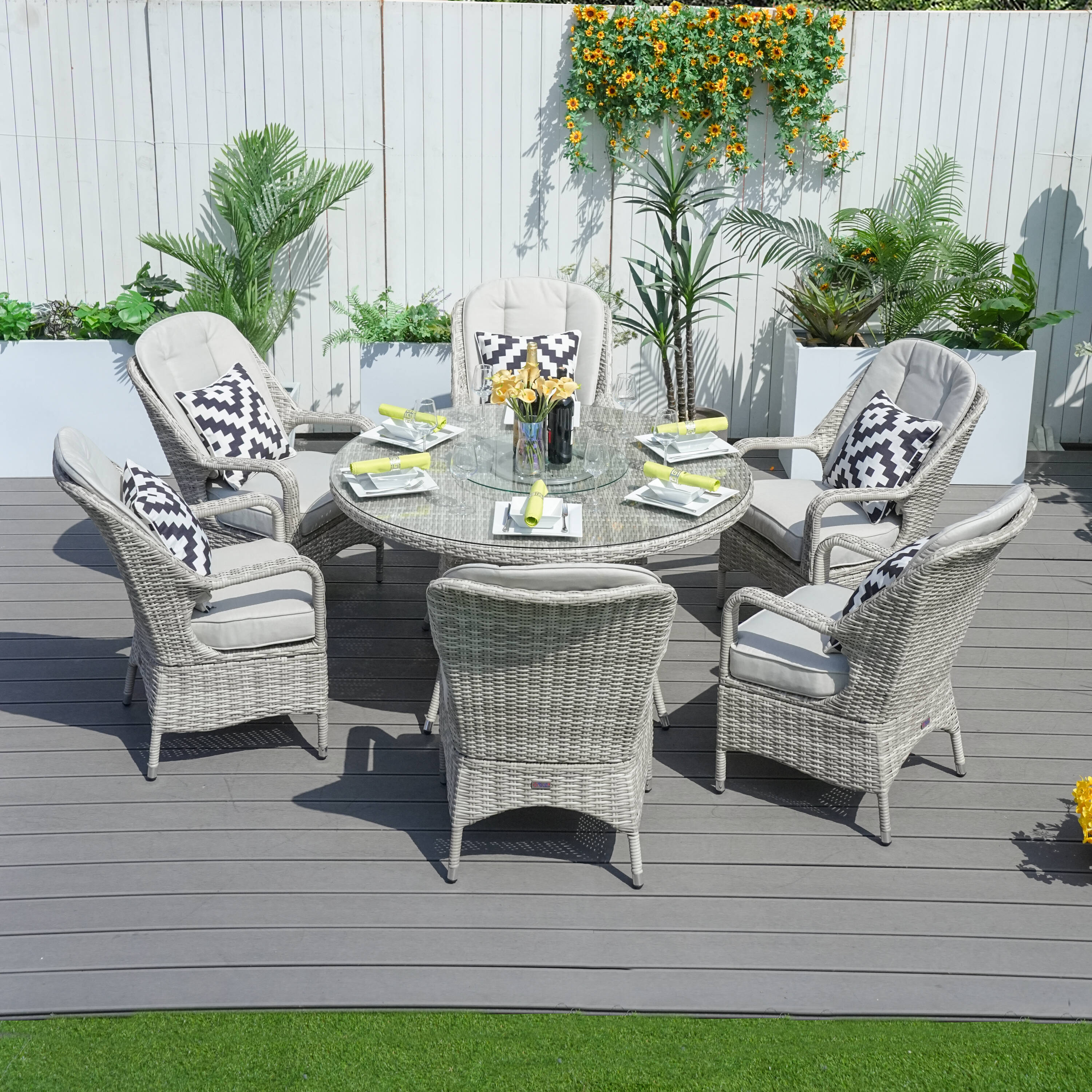 Direct Wicker DWD-1711009-WW 7 -Piece GRAY Wicker Patio Dining Set Wicker Round Table with 6 Light gray Cushions Stationary Chairs