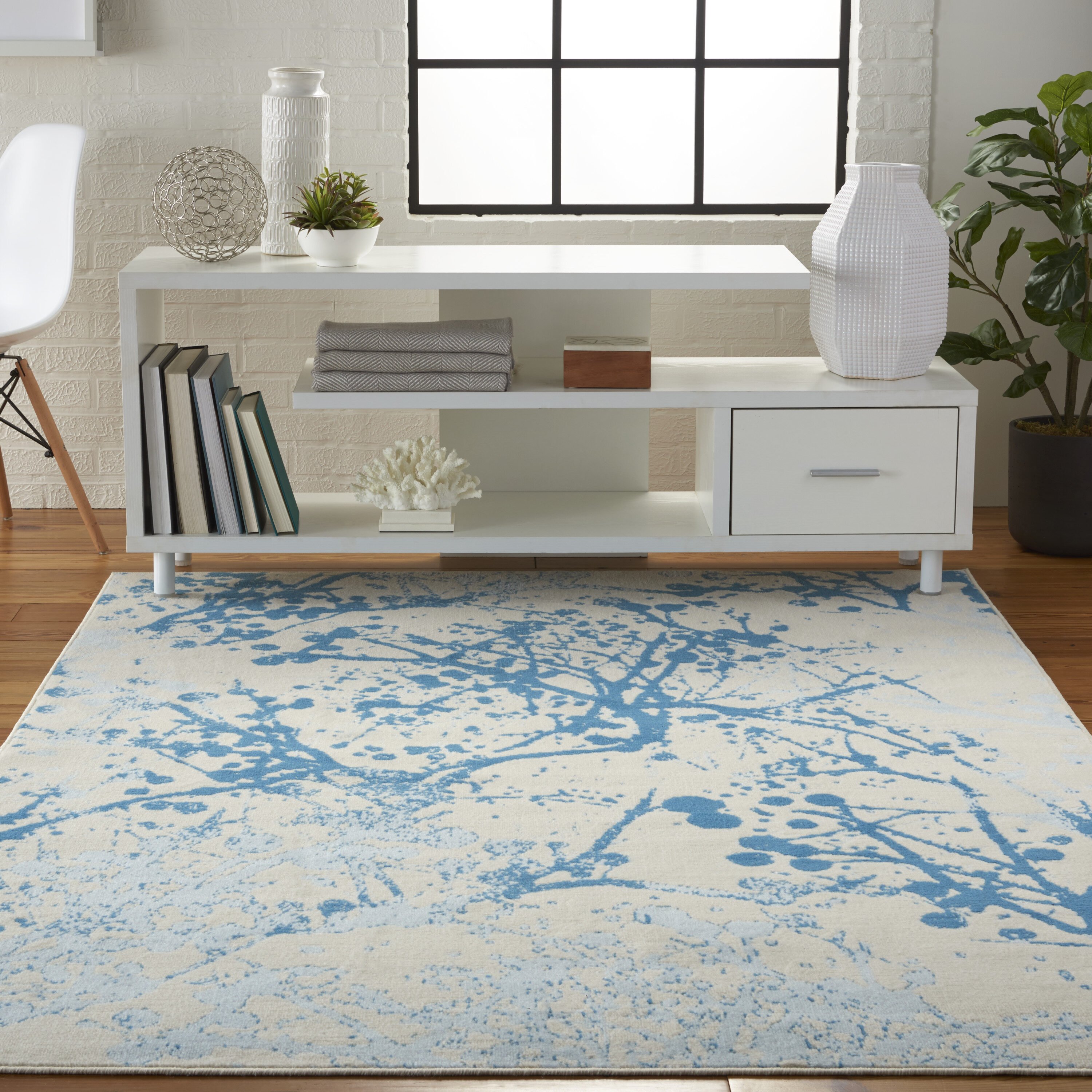 Nourison 99446479075 Jubilant 4 x 6 (ft) Loomed Polypropylene Ivory/blue Rectangular Indoor Abstract Farmhouse/Cottage Area rug