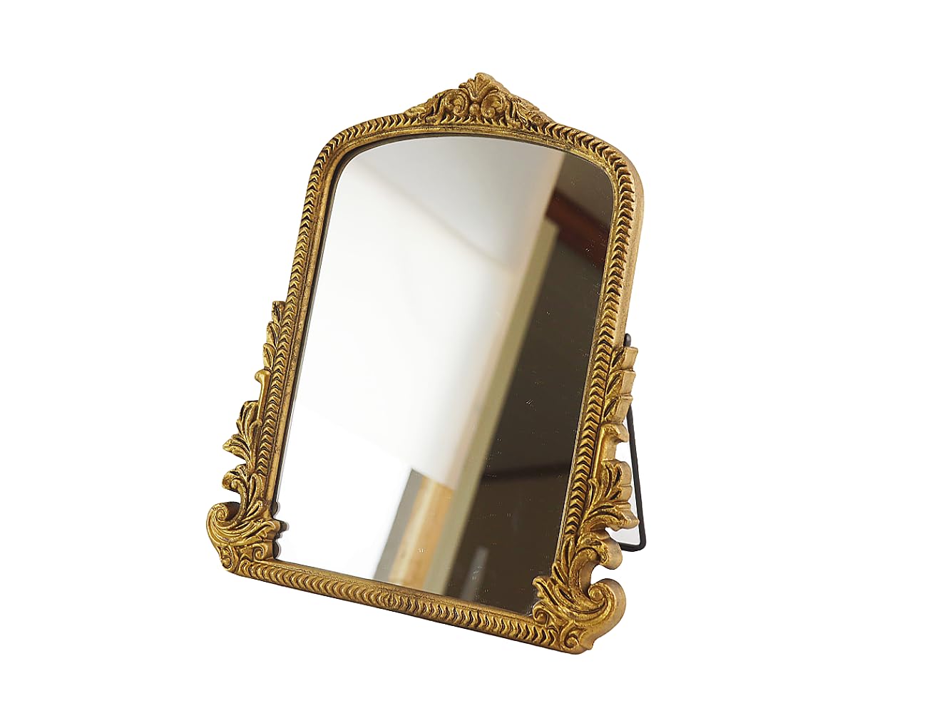 Lukvuzo  Vintage Vanity Makeup Desk Mirror Gold Wood Framed Arch Tabletop Mirror Ornate Carved Standing Mirror for Bedroom Living Room Dresser