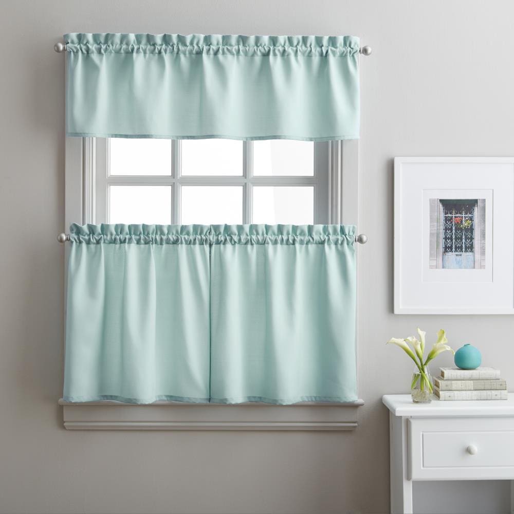 CHF Solid twill 36-in Aqua Polyester Rod Pocket Valance and Tier Set in ...