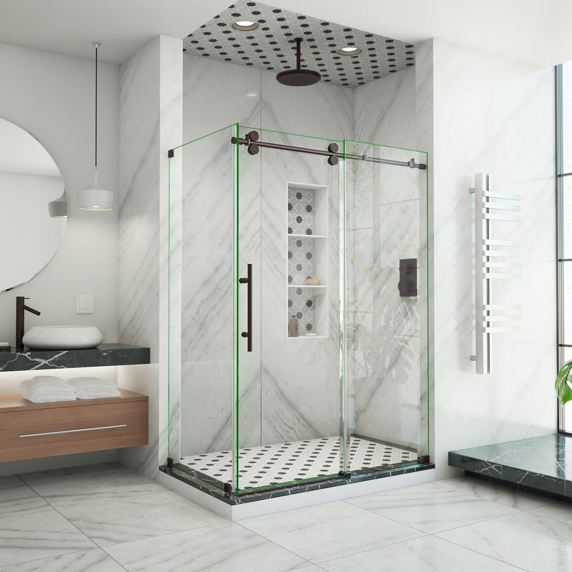 DreamLine SHEN-6132542-06 Enigma-XO Oil Rubbed Bronze 50-in to 54-in W x 76.0-in H Frameless Corner Sliding Shower door 3/8-in Thick Clear Glass
