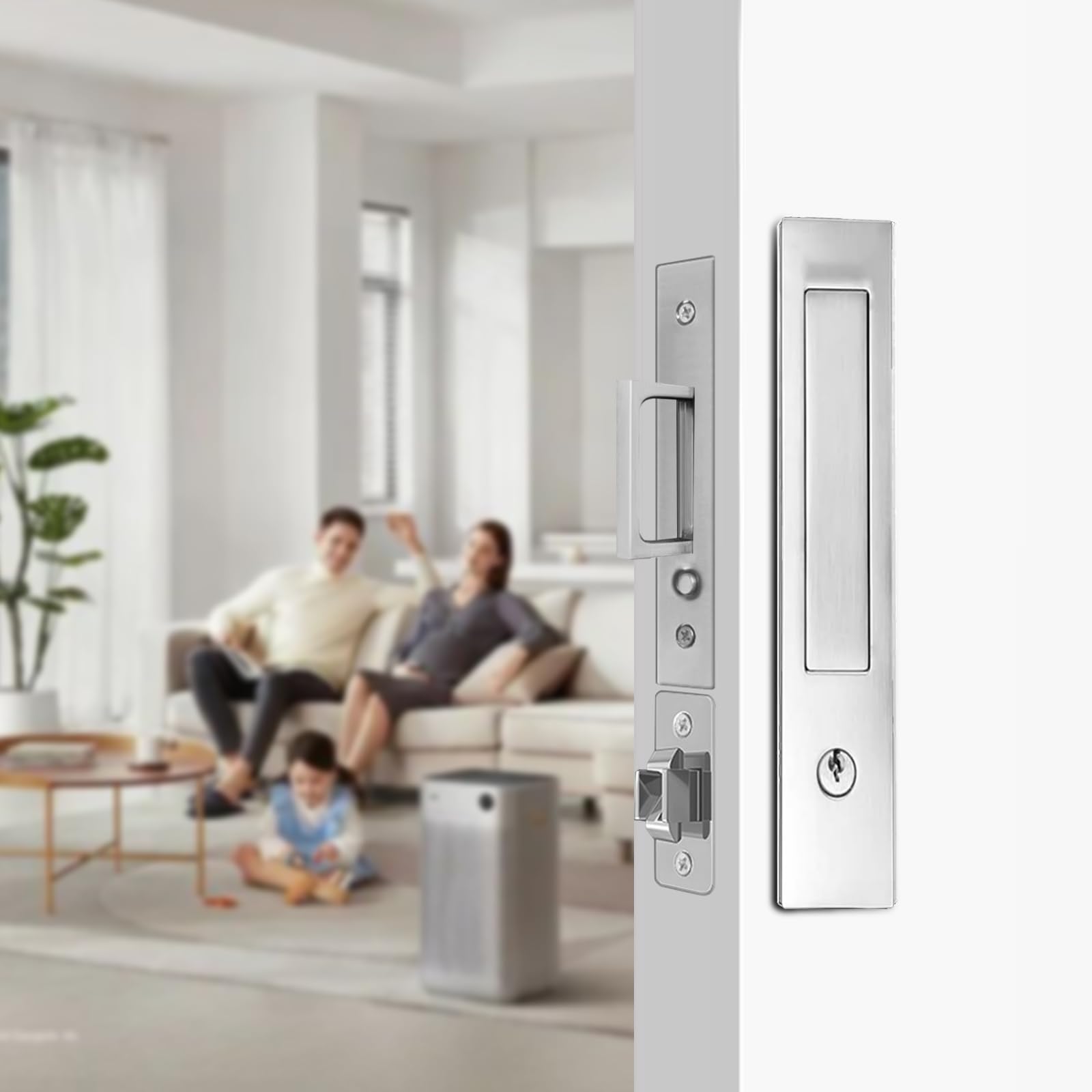 Lukvuzo  Pocket Door Locks Hidden Handles Sliding Door Hardware for Doors One and Five Thirteenths Inch to Two and Two Eighths Inch Thick Silver
