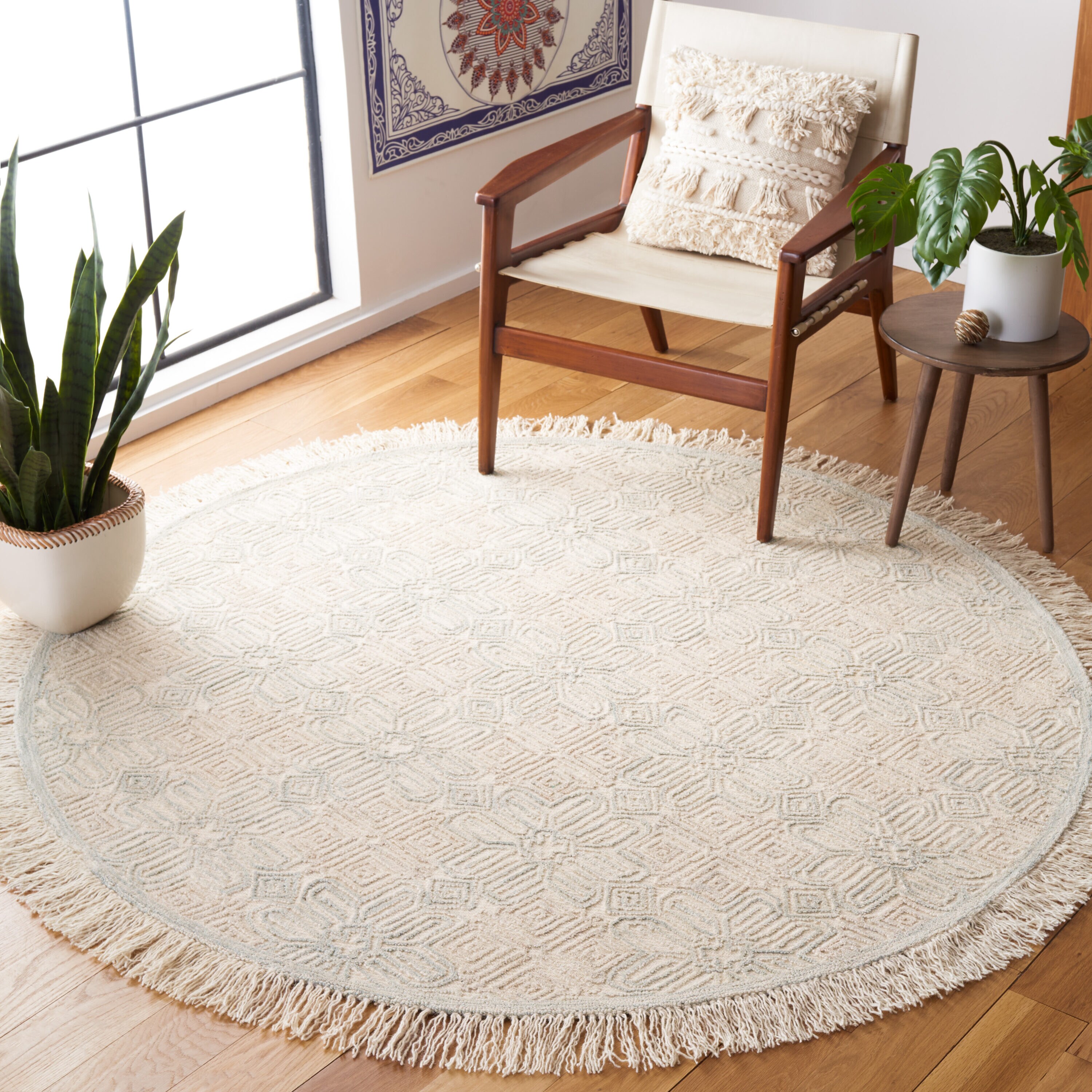  Ikat 805 Ivory/Light Blue Contemporary 6ft x 6ft Round Rug
