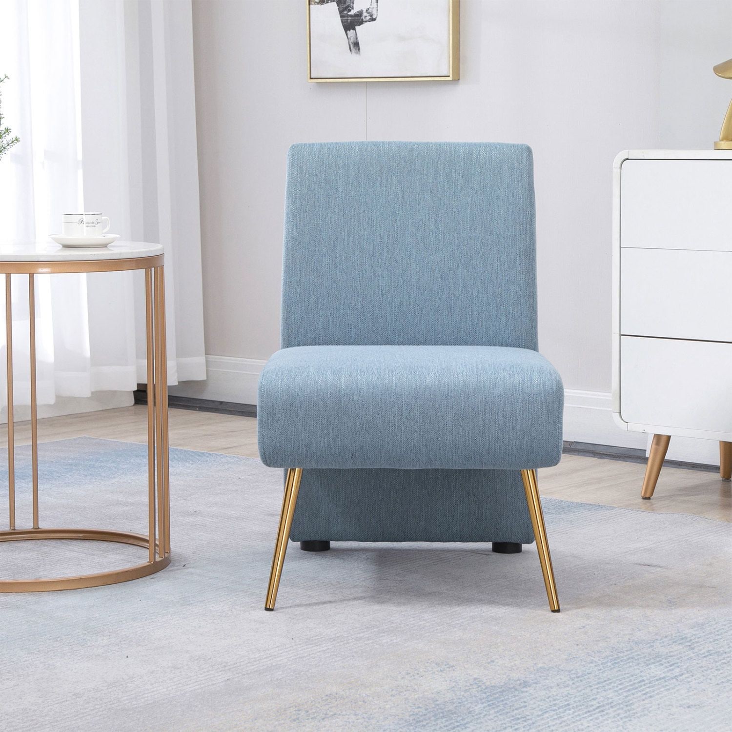 JASMODER W128863485 Luxury Design Blue Velvet Designer Metal Leg Dining Chair Modern Fabric Dining Chairs