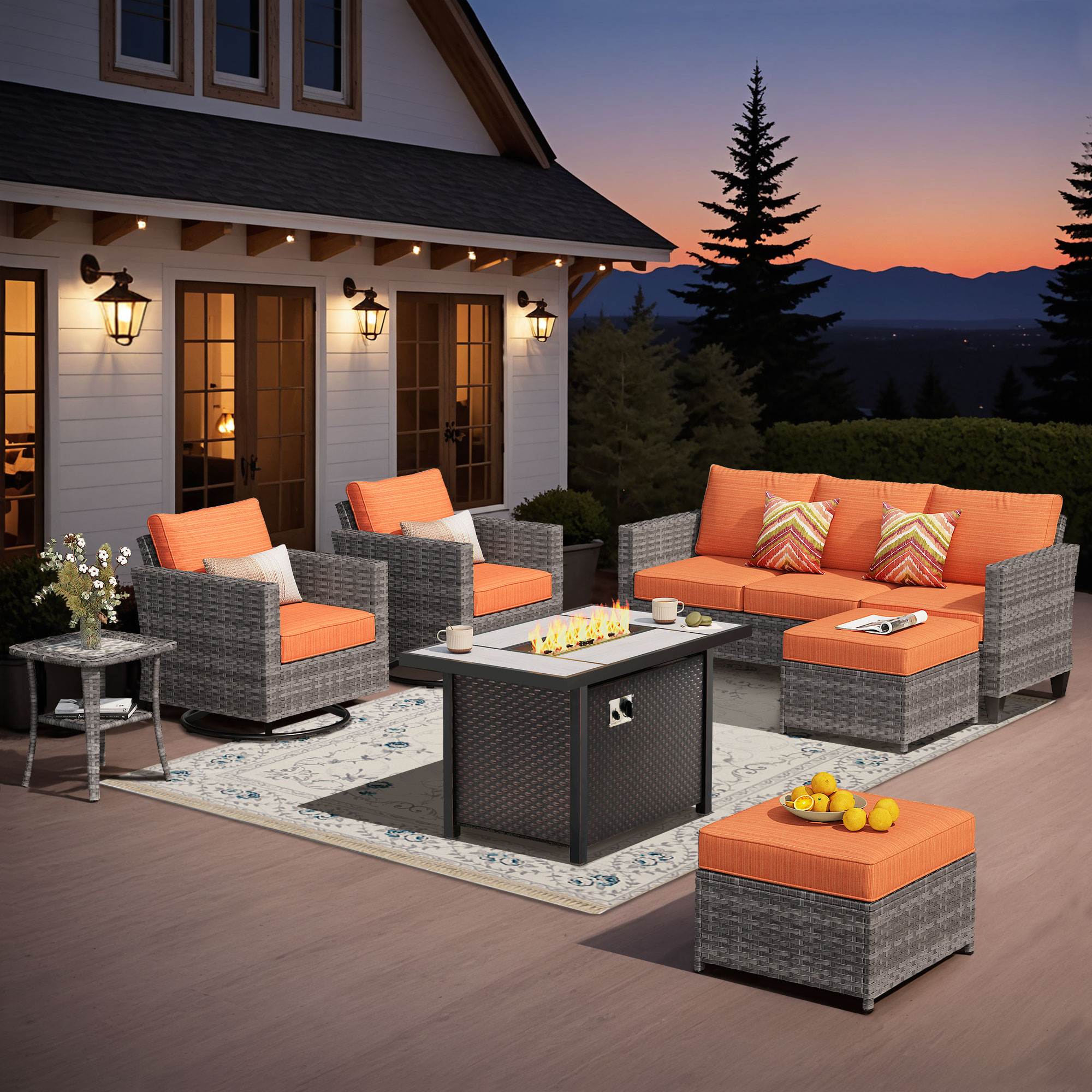 Pouuin STFP-YZGRS807 7 -Piece Wicker Patio Sofa Conversation Set with Orange Cushions