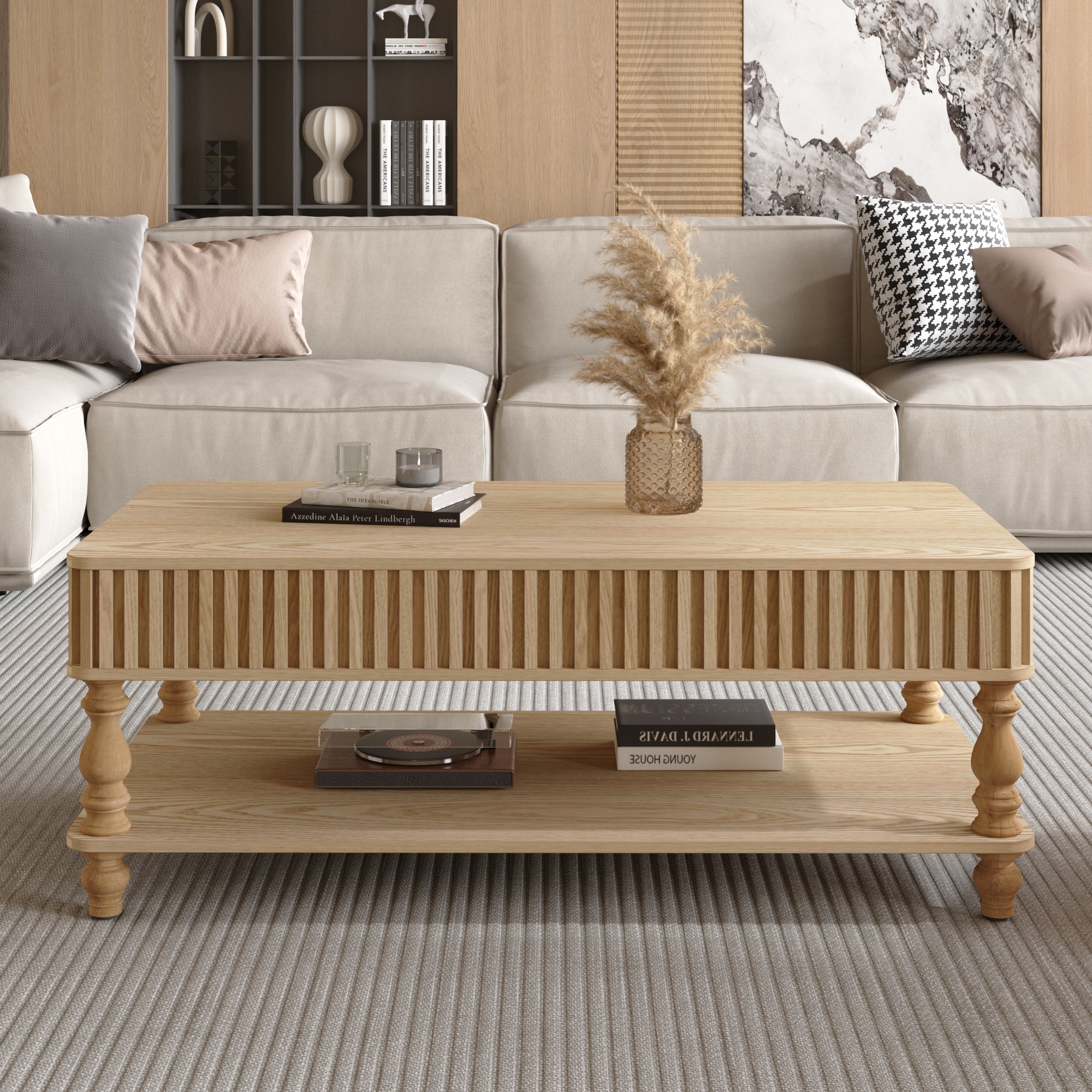 47 Inch Lift Top Fluted Coffee Table With Hidden Storage With Roman Column Legs Rectangle Handmade Solid Wood Strips For Small Space Apartment Living Room Multi Functional Lift Top Design