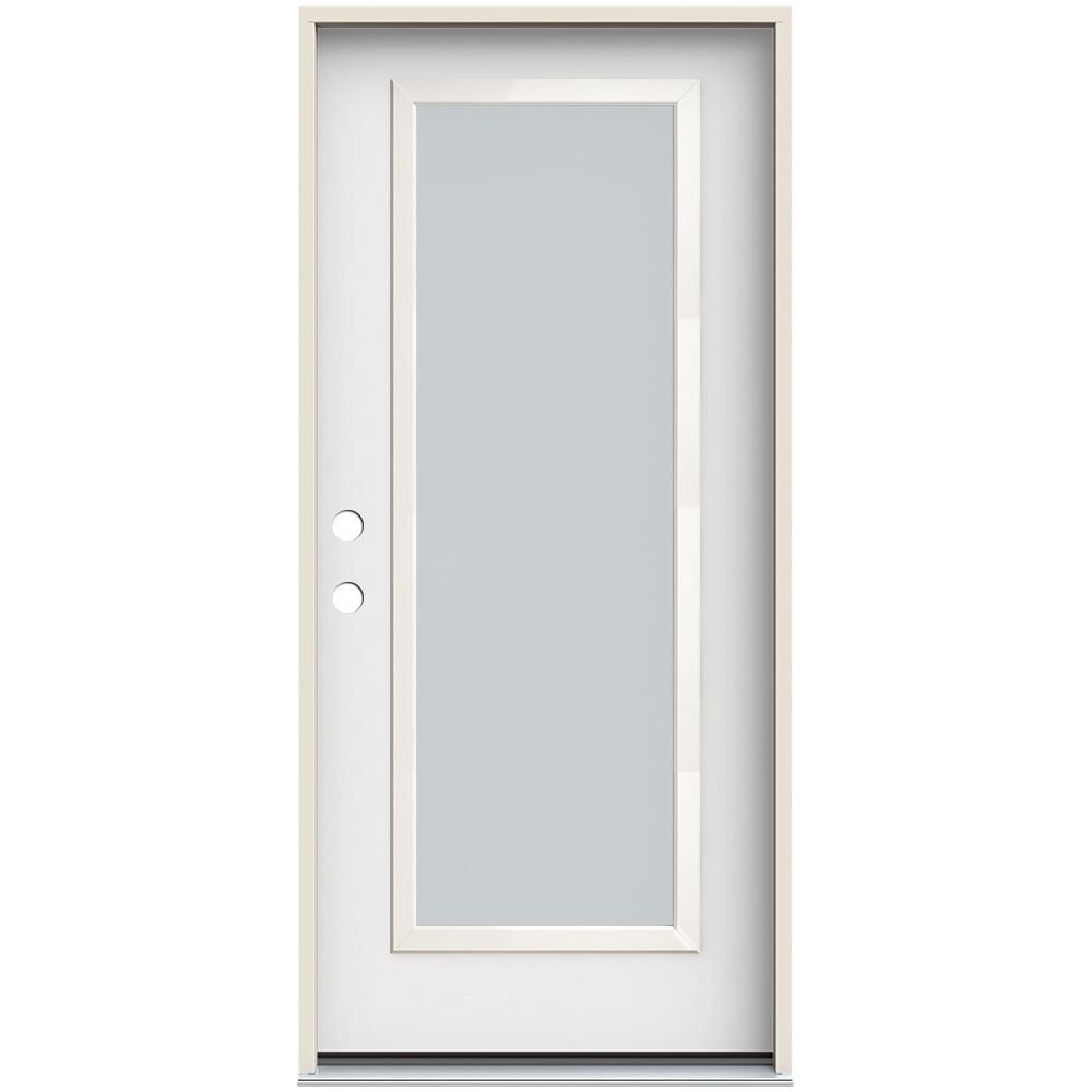 JELD-WEN LOWOLJW231300761 Frosted 36-in x 80-in x 4-9/16-in Fiberglass Full lite Right-hand inswing Modern White Painted Prehung Front Door with Brickmould Insulating core