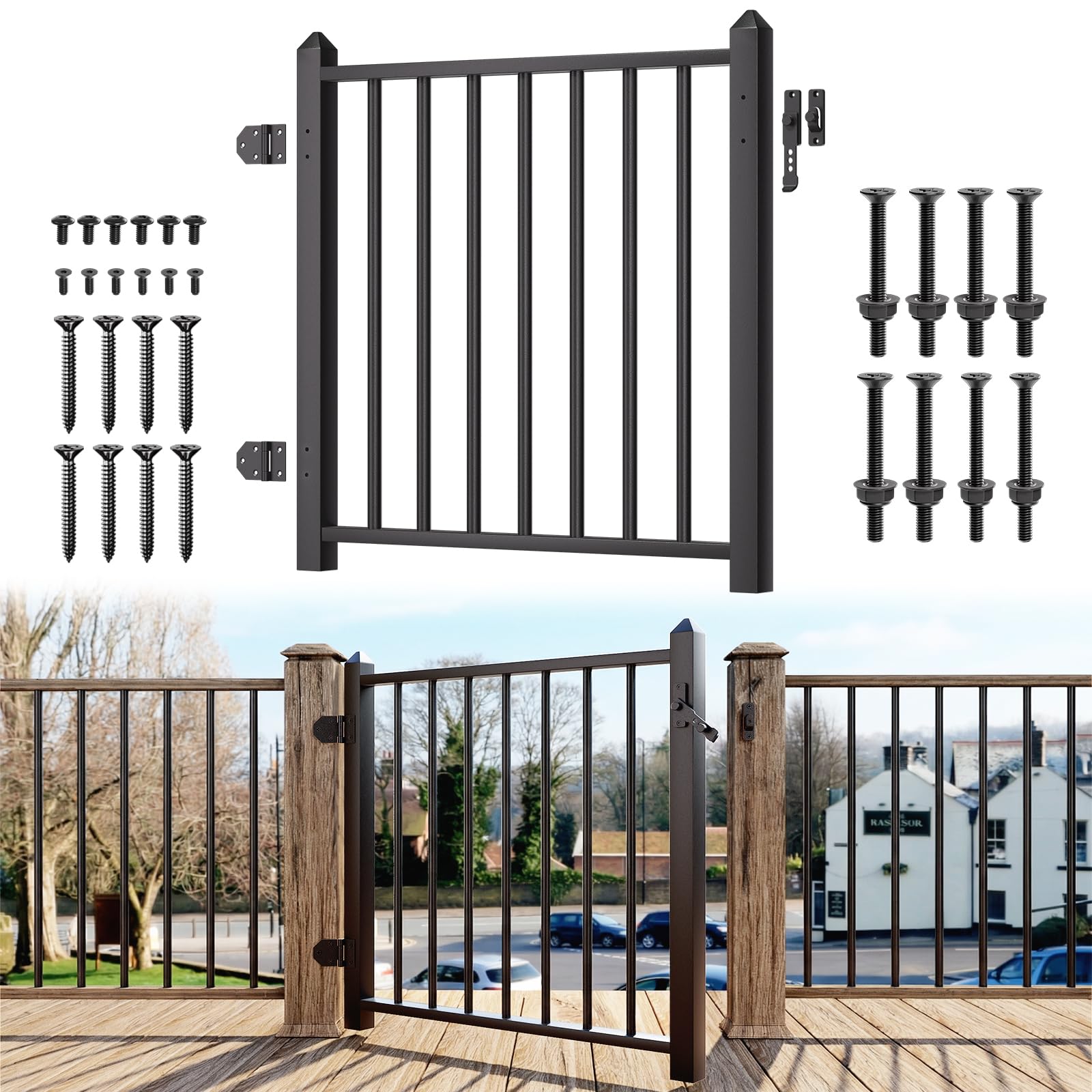 Afoxsos  Deck Gate Outdoor 36 in Integrated Welding Stainless Steel Fence Gate Black Textured Powder Coat Finish with Hinges and Latch for Garden